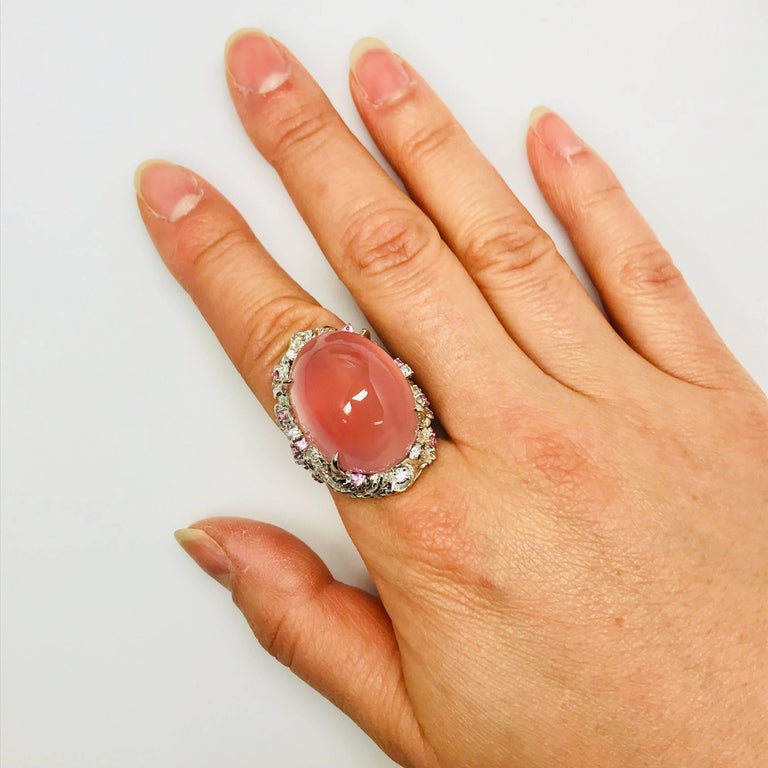 Matsuzaki 54ct Oval Cat's Eye Rose Quartz Sapphire Diamond K18WG Floral