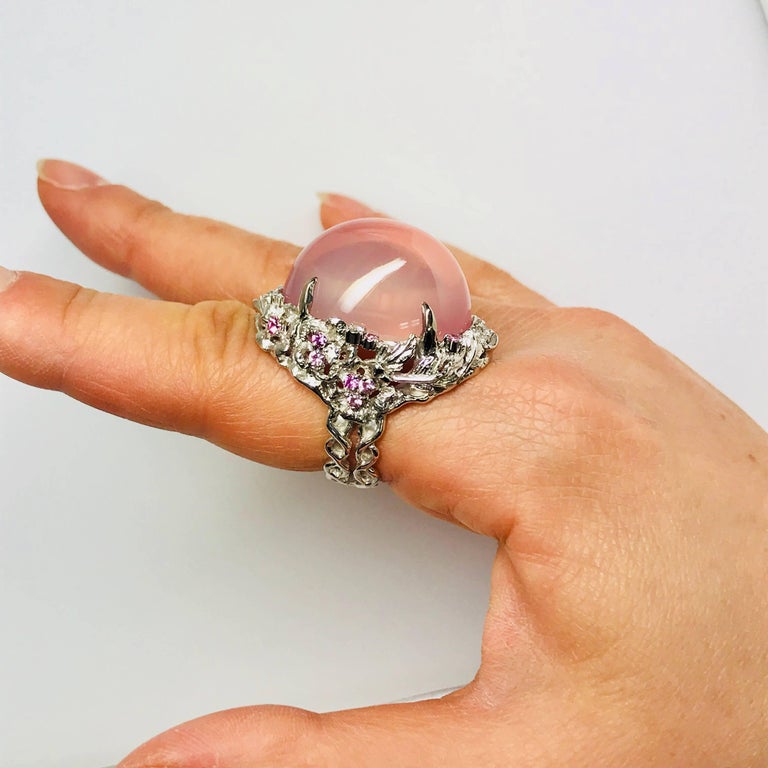 Matsuzaki 54ct Oval Cat's Eye Rose Quartz Sapphire Diamond K18WG Floral