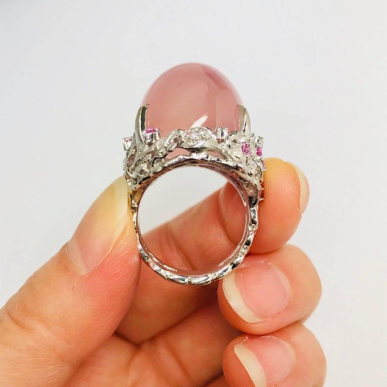 Matsuzaki 54ct Oval Cat's Eye Rose Quartz Sapphire Diamond K18WG Floral