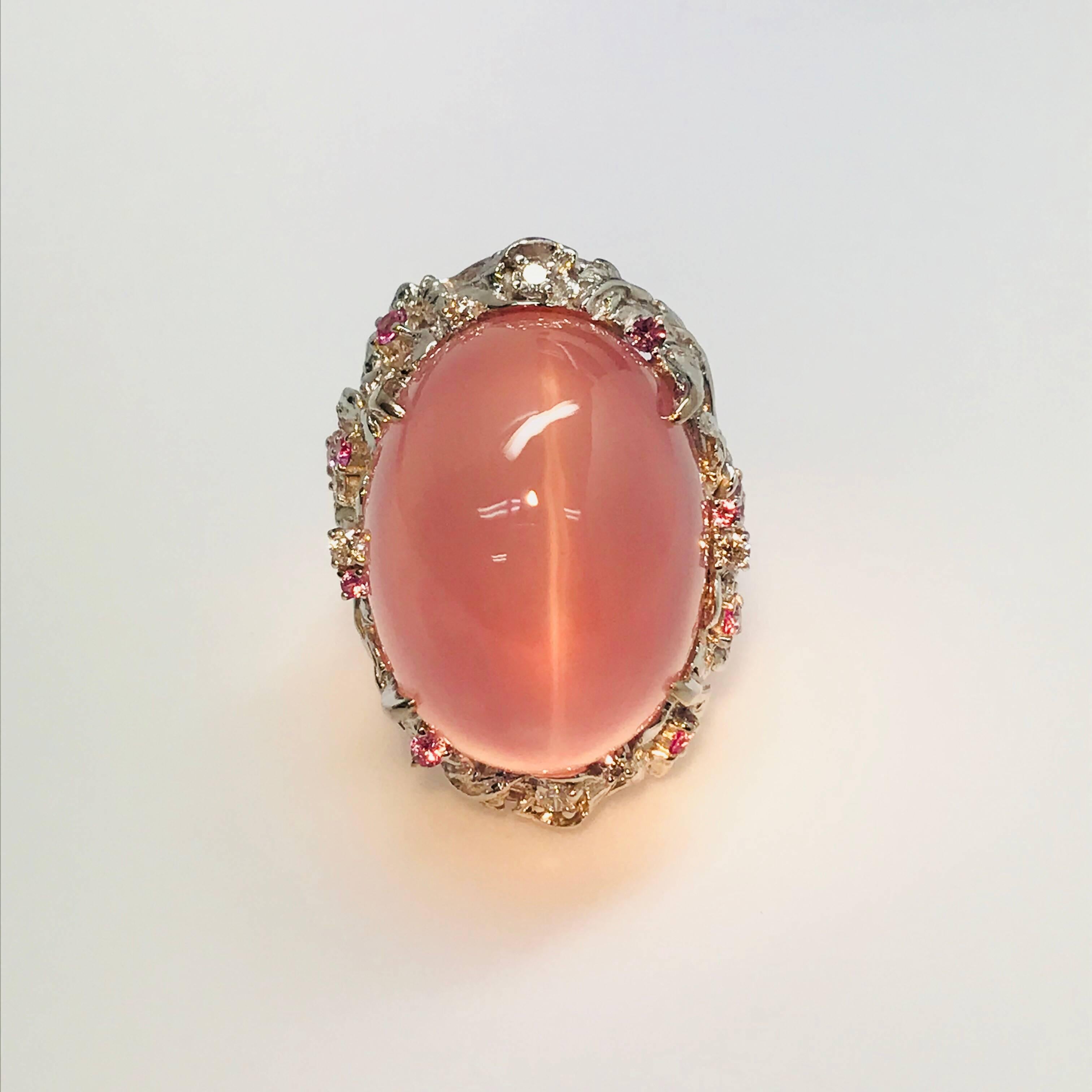 Matsuzaki 54ct Oval Cat's Eye Rose Quartz Sapphire Diamond K18WG Floral Ring  1