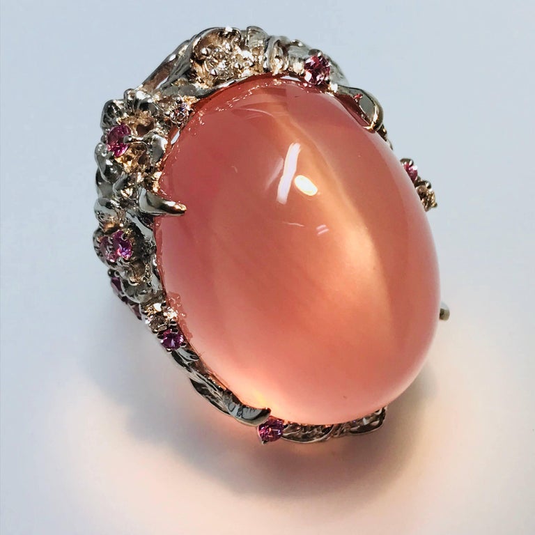 Matsuzaki 54ct Oval Cat's Eye Rose Quartz Sapphire Diamond K18WG Floral