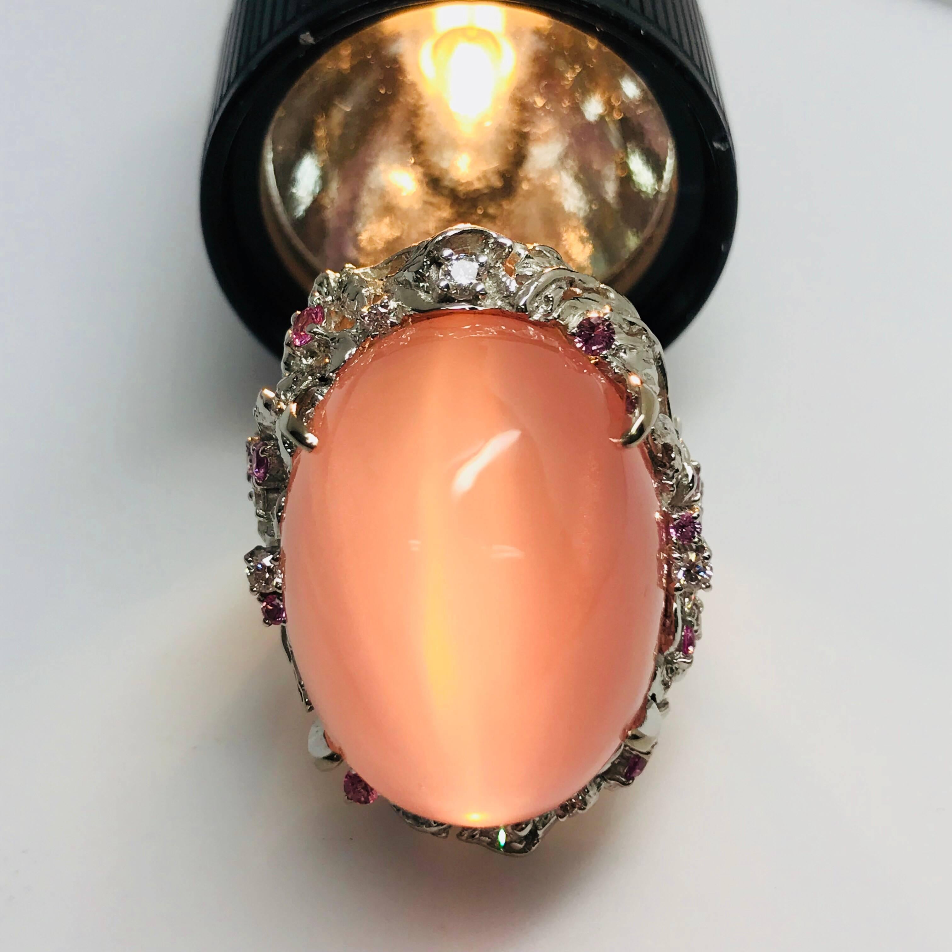 Matsuzaki 54ct Oval Cat's Eye Rose Quartz Sapphire Diamond K18WG Floral Ring  3