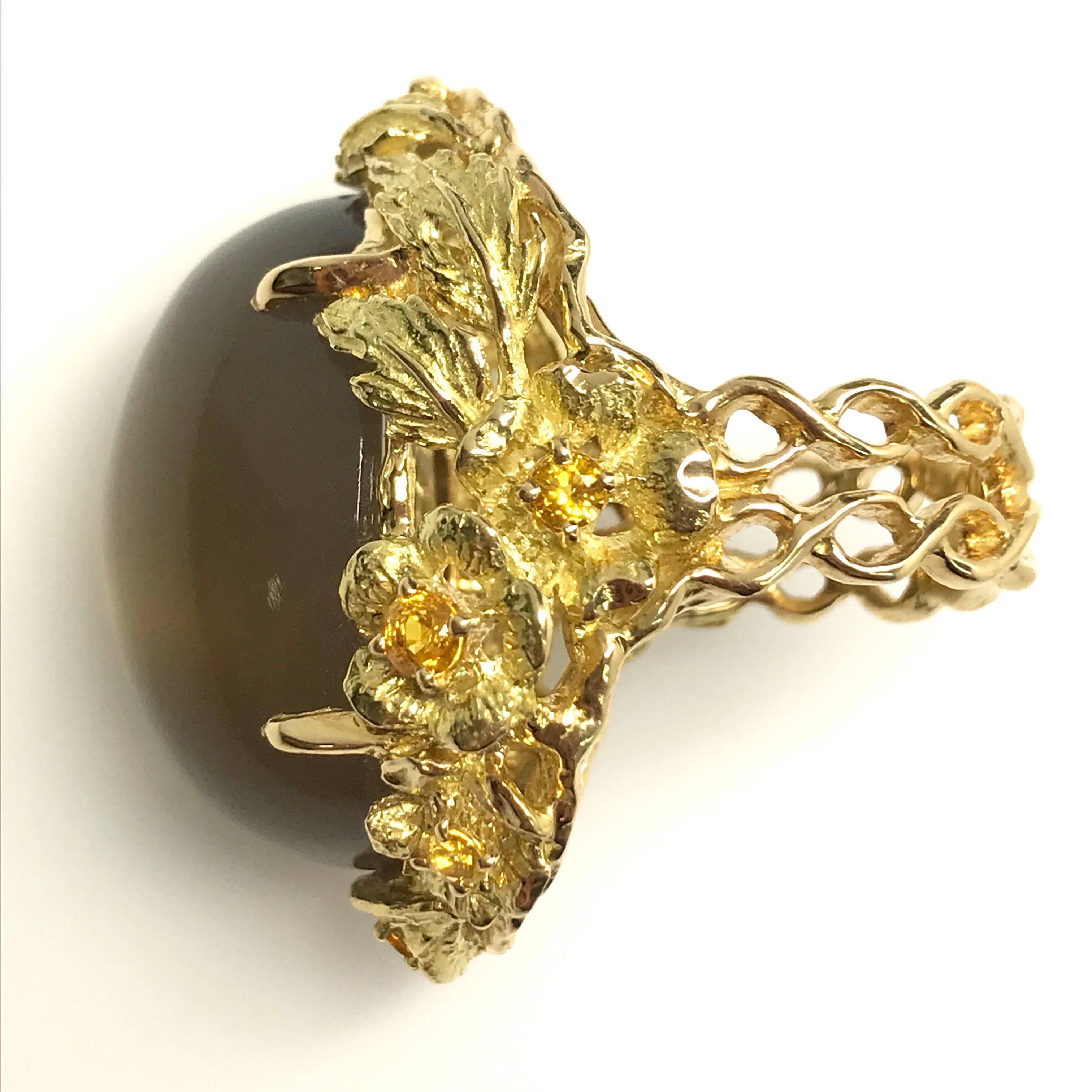 Artist Matsuzaki 45 Carat Oval Moonstone Yellow Sapphire K18YG Floral Ring For Sale