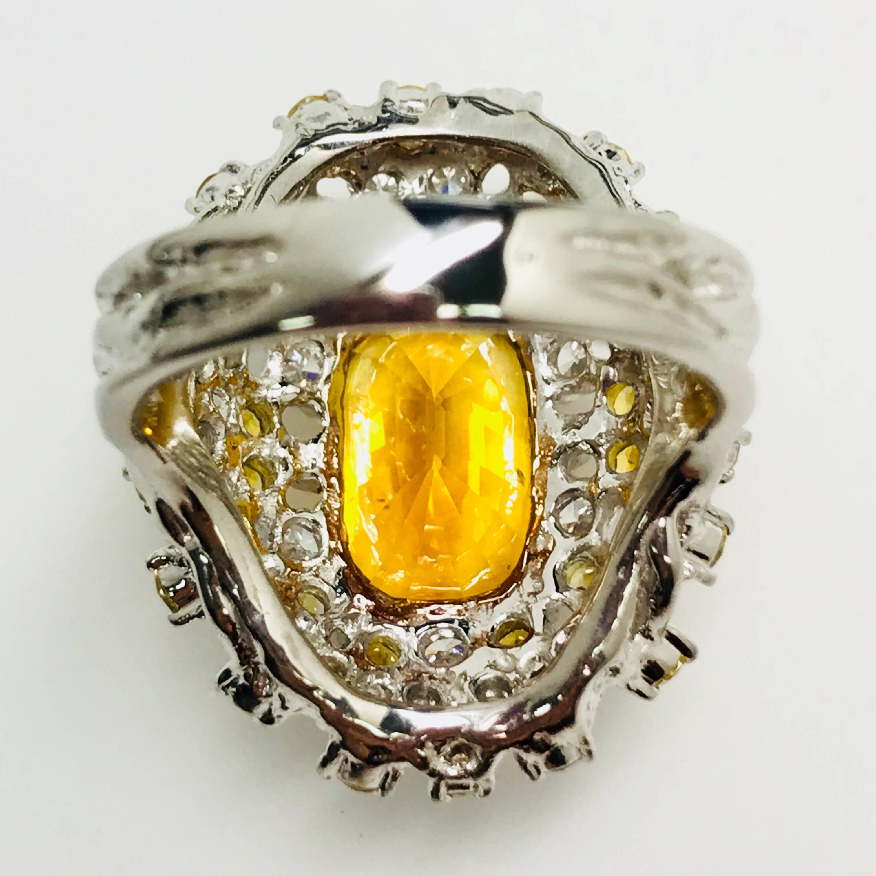 Artist Matsuzaki 6.90 Carat Yellow Sapphire White Diamond Platinum Cluster Ring For Sale