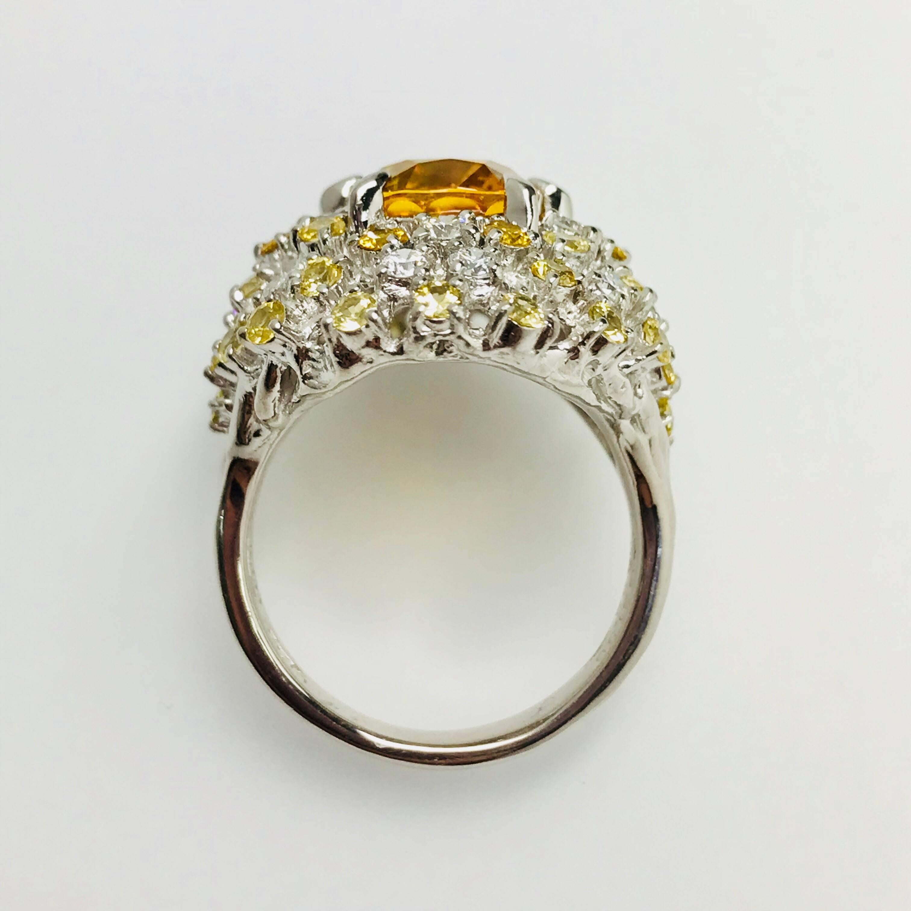Oval Cut Matsuzaki 6.90 Carat Yellow Sapphire White Diamond Platinum Cluster Ring For Sale