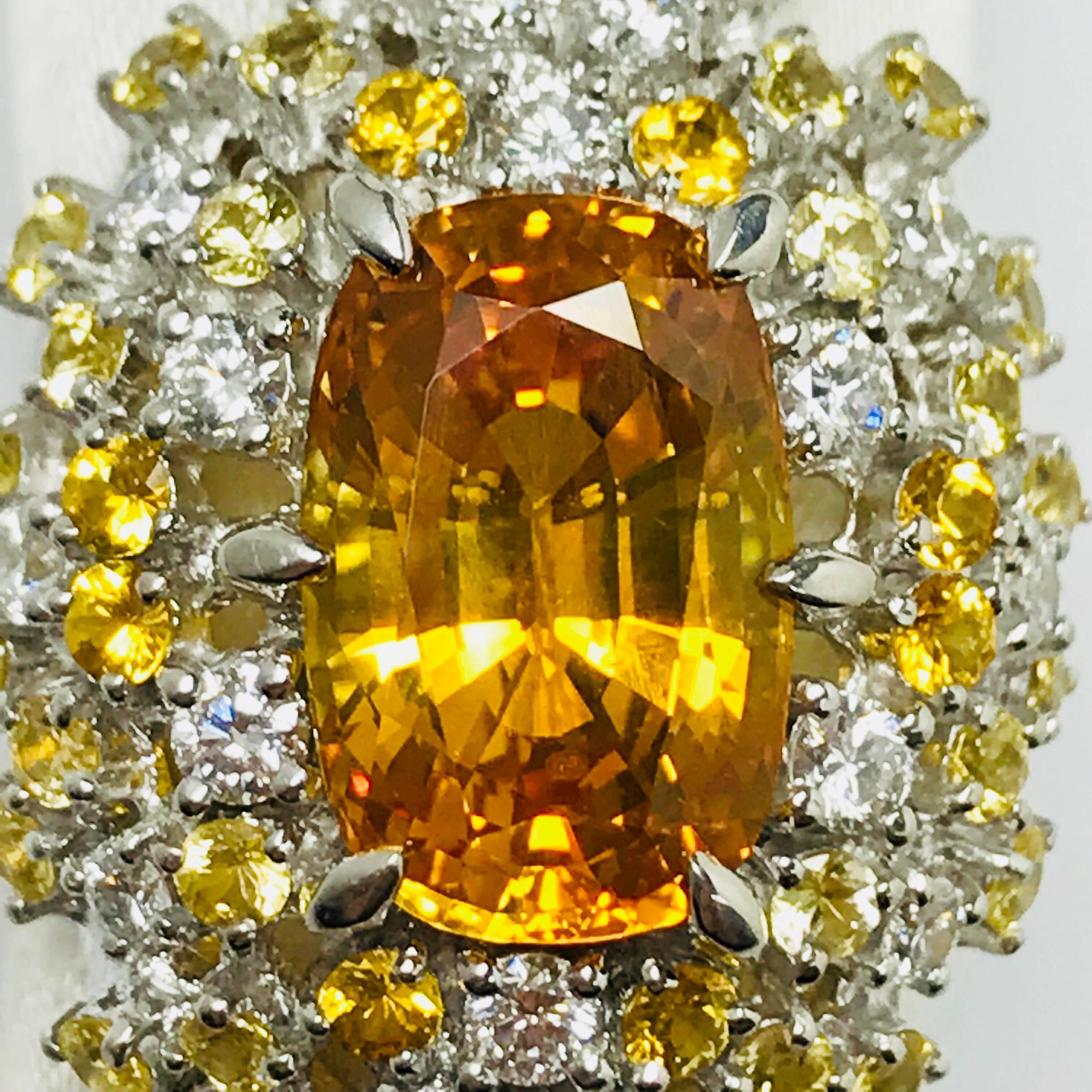 Matsuzaki 6.90 Carat Yellow Sapphire White Diamond Platinum Cluster Ring For Sale 4
