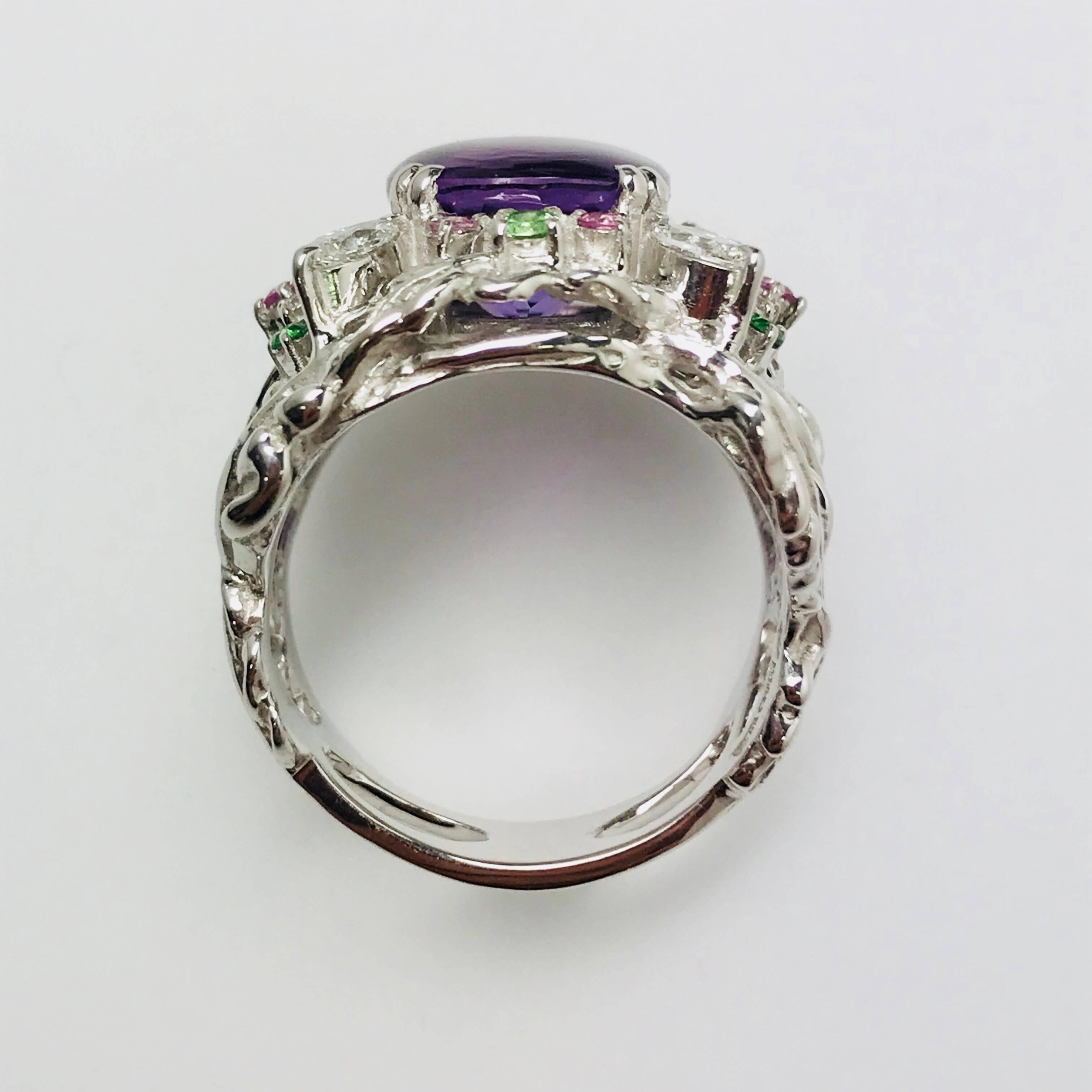 Matsuzaki Oval Amethyst Green Garnet Pink Sapphire Diamond White Gold Ring In New Condition In Tokyo, JP