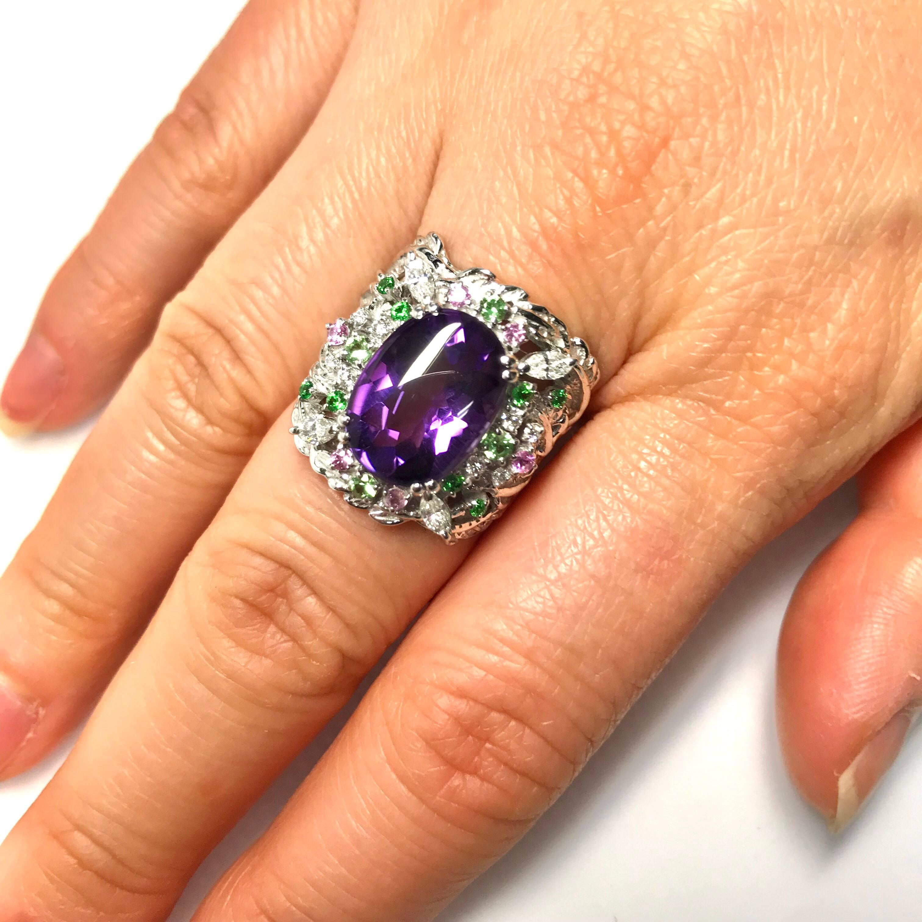 Matsuzaki Oval Amethyst Green Garnet Pink Sapphire Diamond White Gold Ring 2