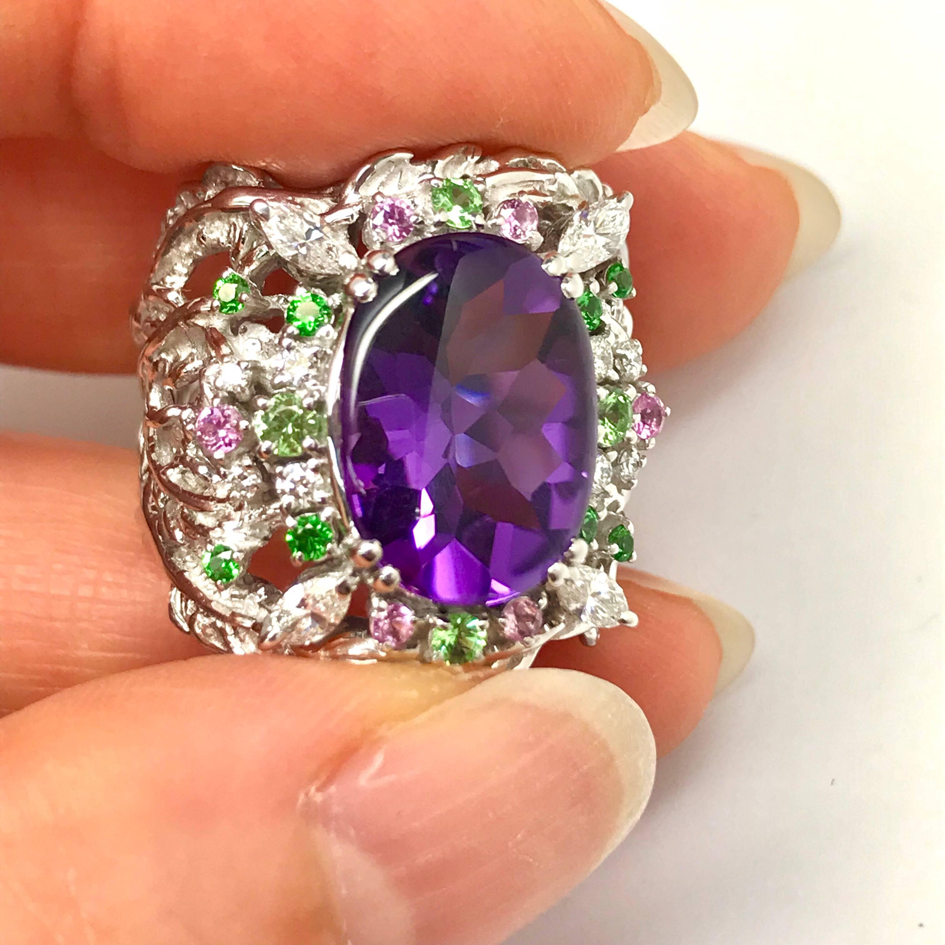 Matsuzaki Oval Amethyst Green Garnet Pink Sapphire Diamond White Gold Ring 3