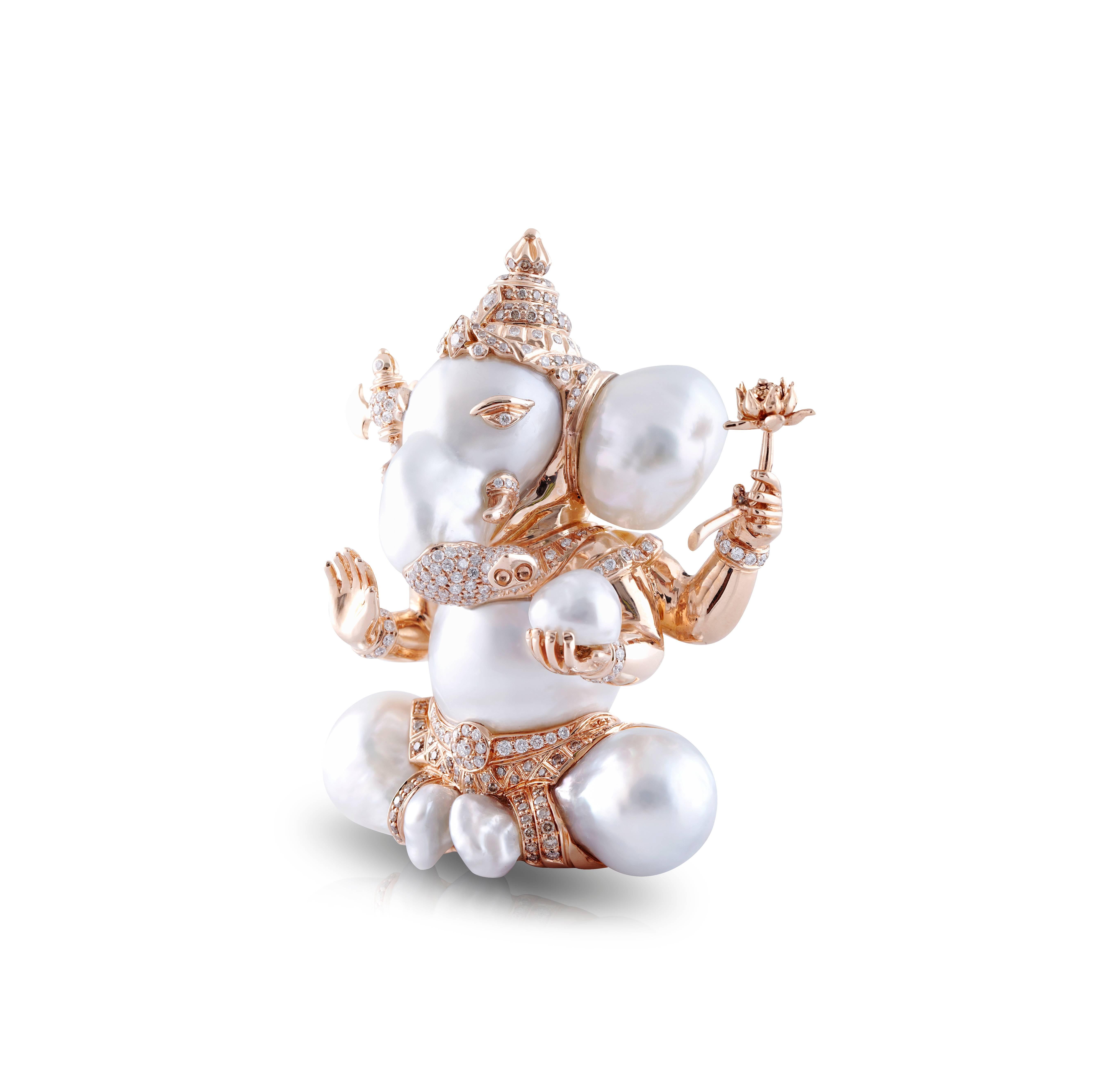 This adorable Unique One of a Kind Lord Ganesh can be worn as a pendant or admired as an art object.   He has been crafted using Australian Baroque South Sea Pearls ranging in size from 7mm to 19.6 mm.   VVS-VS Diamonds, carefully selected, and