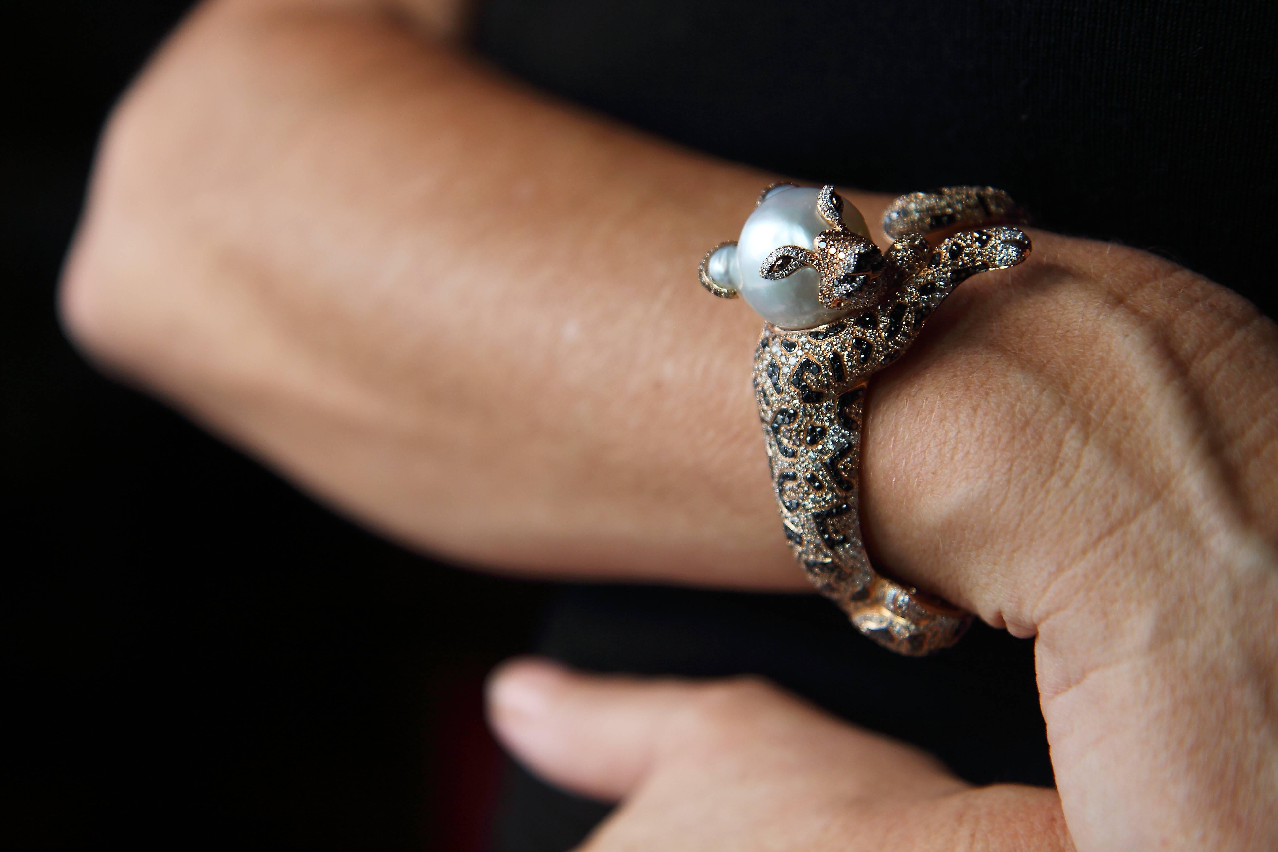 Women's or Men's Leopard Animal Brown, Black, White, Diamond South Sea Pearl Gold Cuff Bracelet For Sale