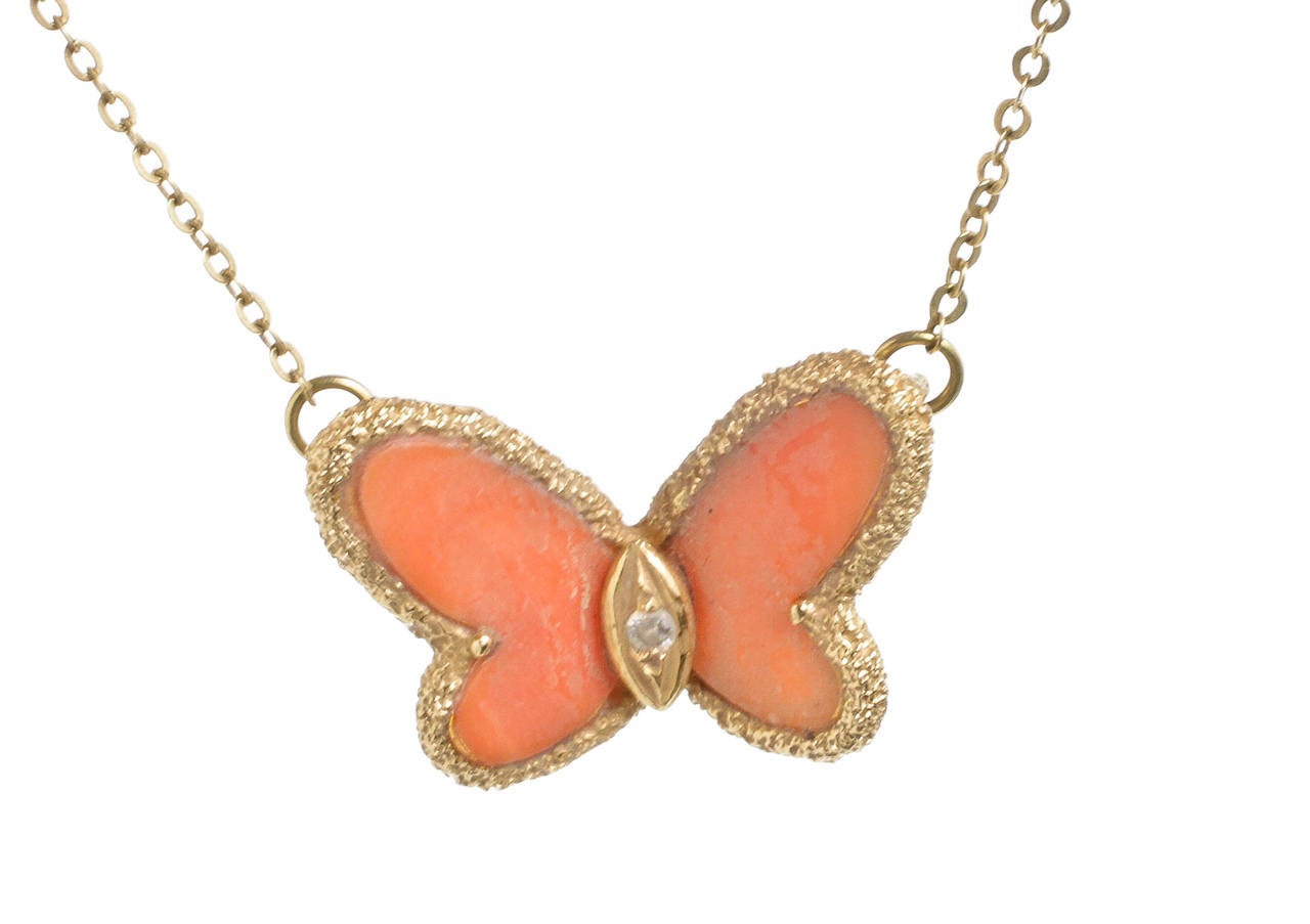 Van Cleef & Arpels Coral Gold Butterfly Alhambra Necklace In Excellent Condition In Corona Del Mar, CA