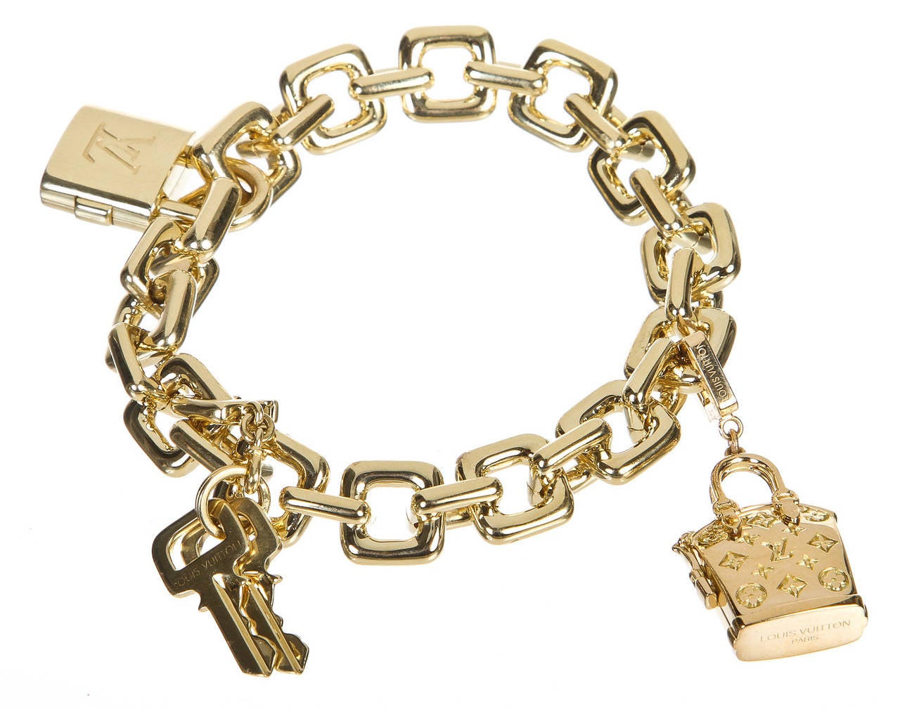 Luxuriate yourself or a loved one with this fabulous Louis Vuitton bracelet! This stunning piece can be worn year-round, bringing high fashion to your outfits daily. This marvelous item features a gold chain and an array of charms dangle for a