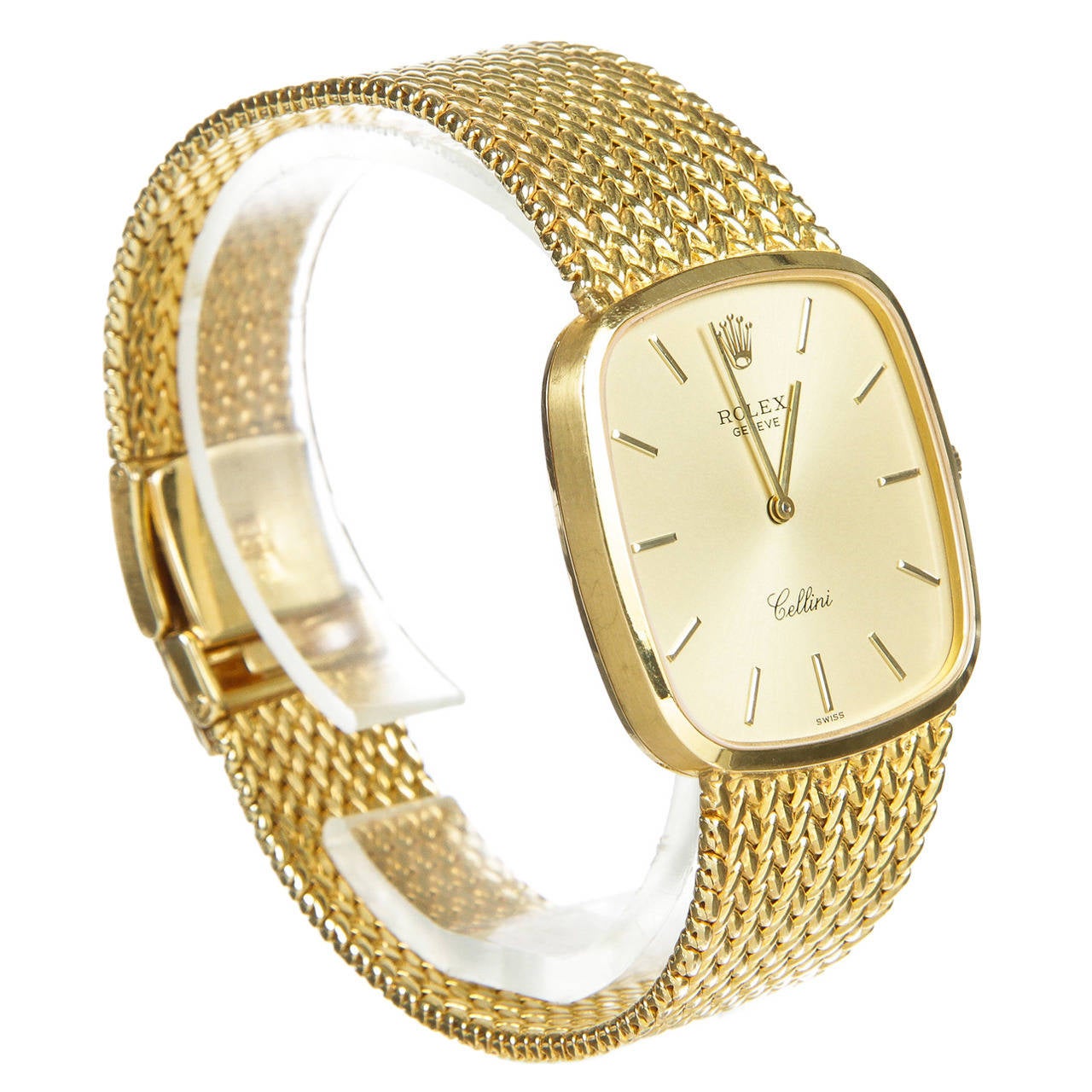 14k Rolex lady's Cellini bracelet watch with a beautiful champagne dial accented with gilt hour markers. The bracelet is yellow gold.