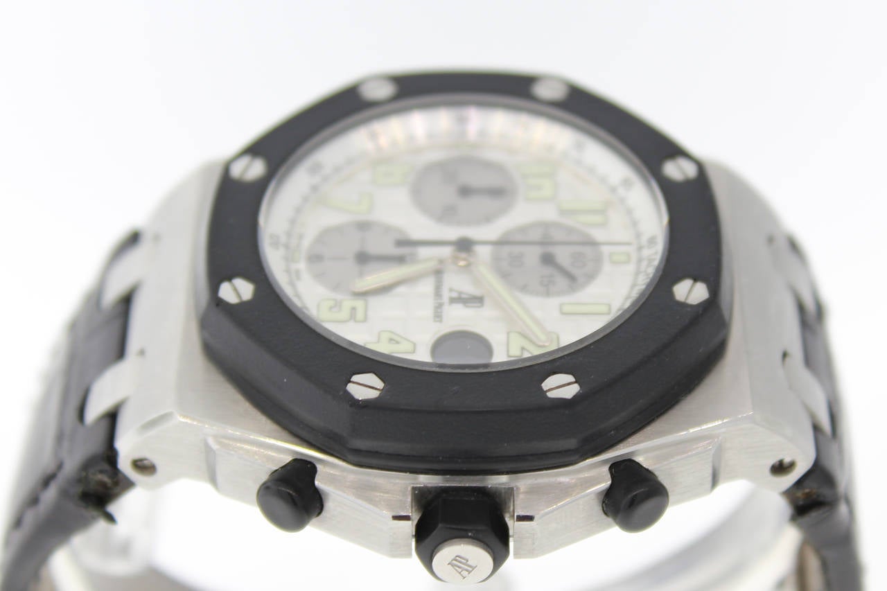 Audemars Piguet Royal Oak Offshore chronograph watch in stainless steel. It features a rubber clad with leather strap.