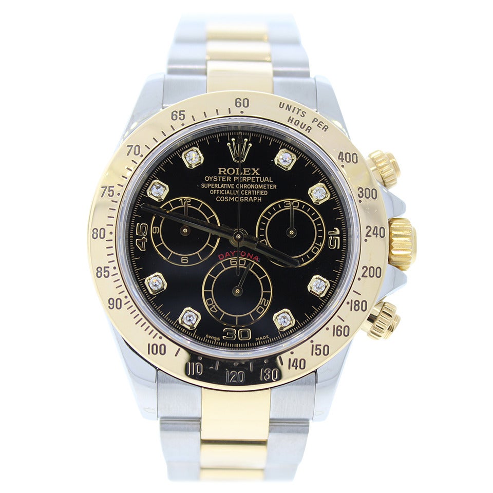Rolex Yellow Gold and Stainless Steel Black Diamond Oyster Daytona Wristwatch For Sale