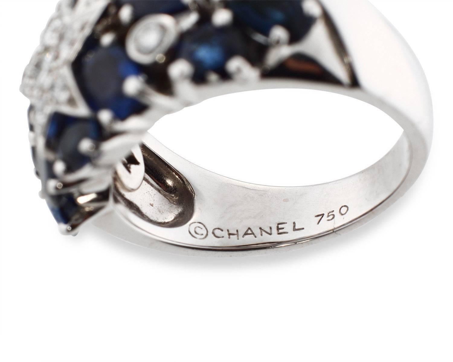 Adorn a sensational Chanel ring to your finger from the Comete Collection and we guarantee all eyes wil be on you! This ring comes in a gorgeous star comet shape and feature an array of sapphires and diamonds. It will serve as the perfect accessory