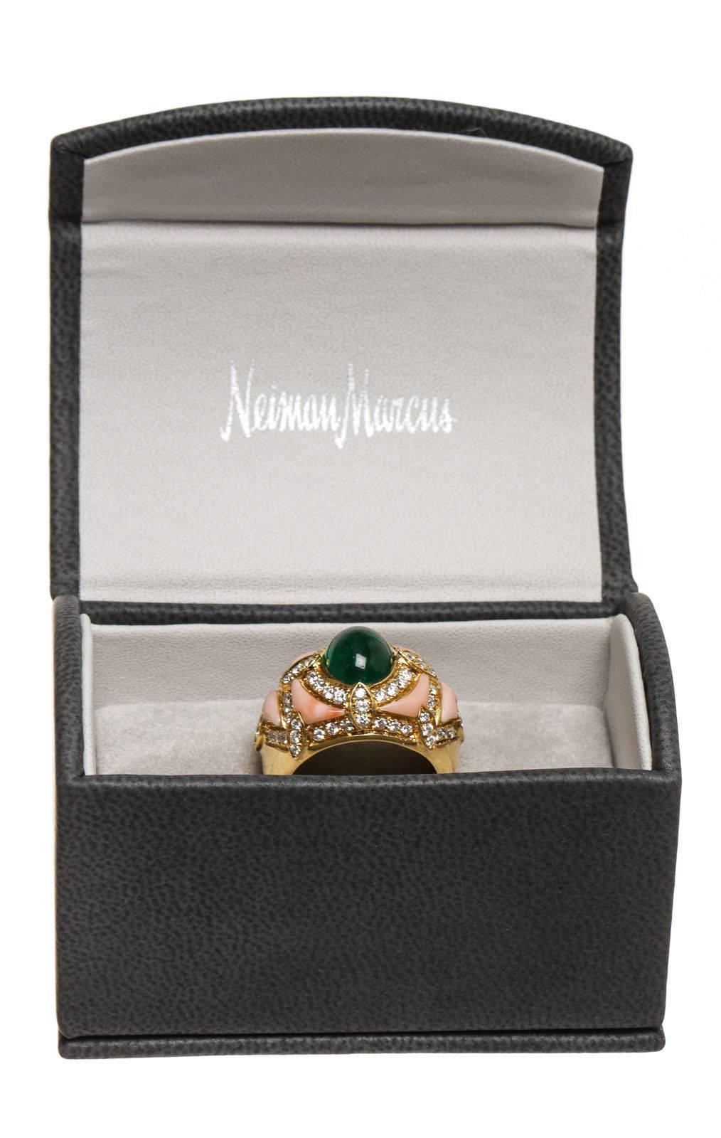 Yellow Gold Coral Cabochon Emerald Diamond Ring  For Sale 1