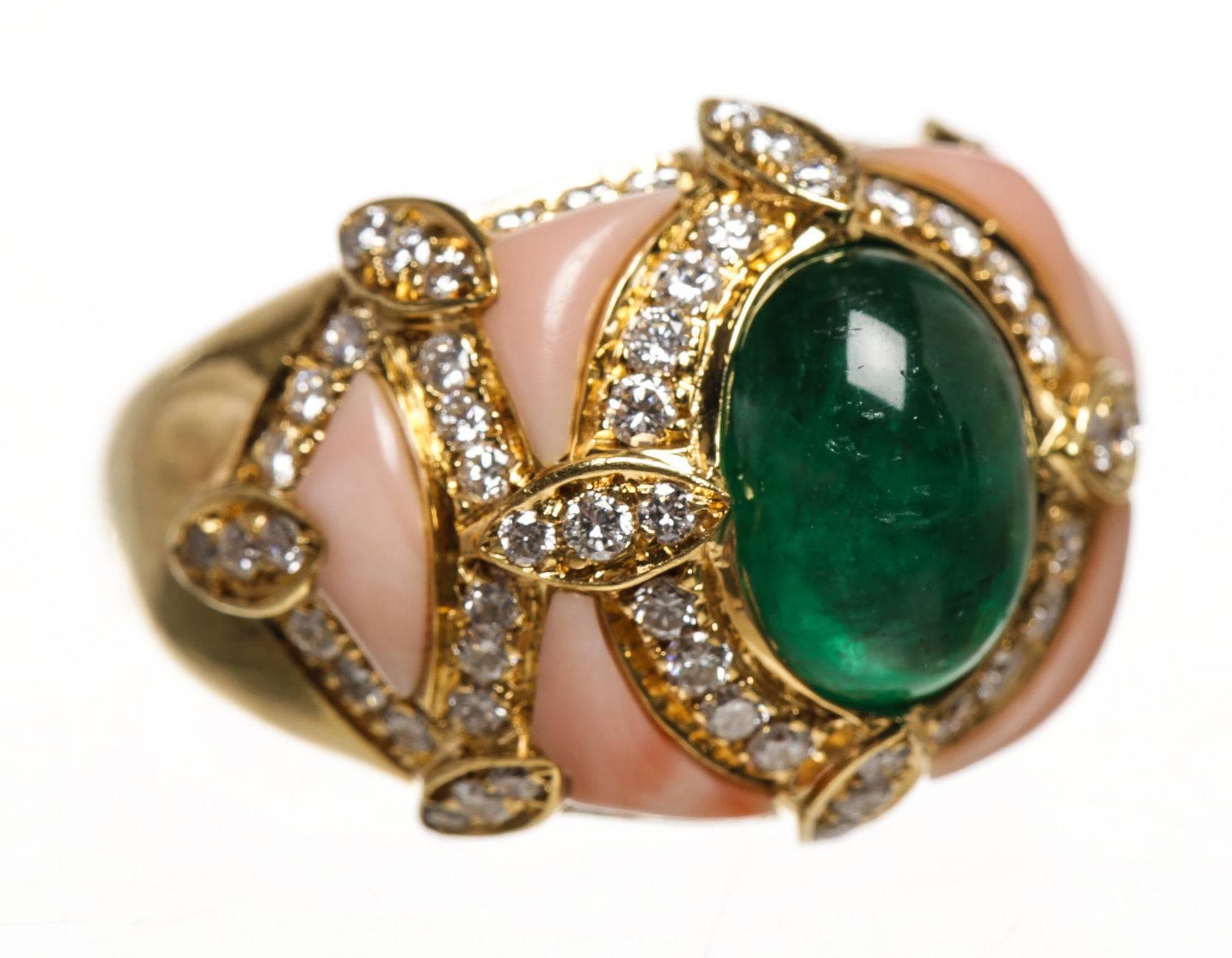 Yellow Gold Coral Cabochon Emerald Diamond Ring  In Good Condition For Sale In Corona Del Mar, CA