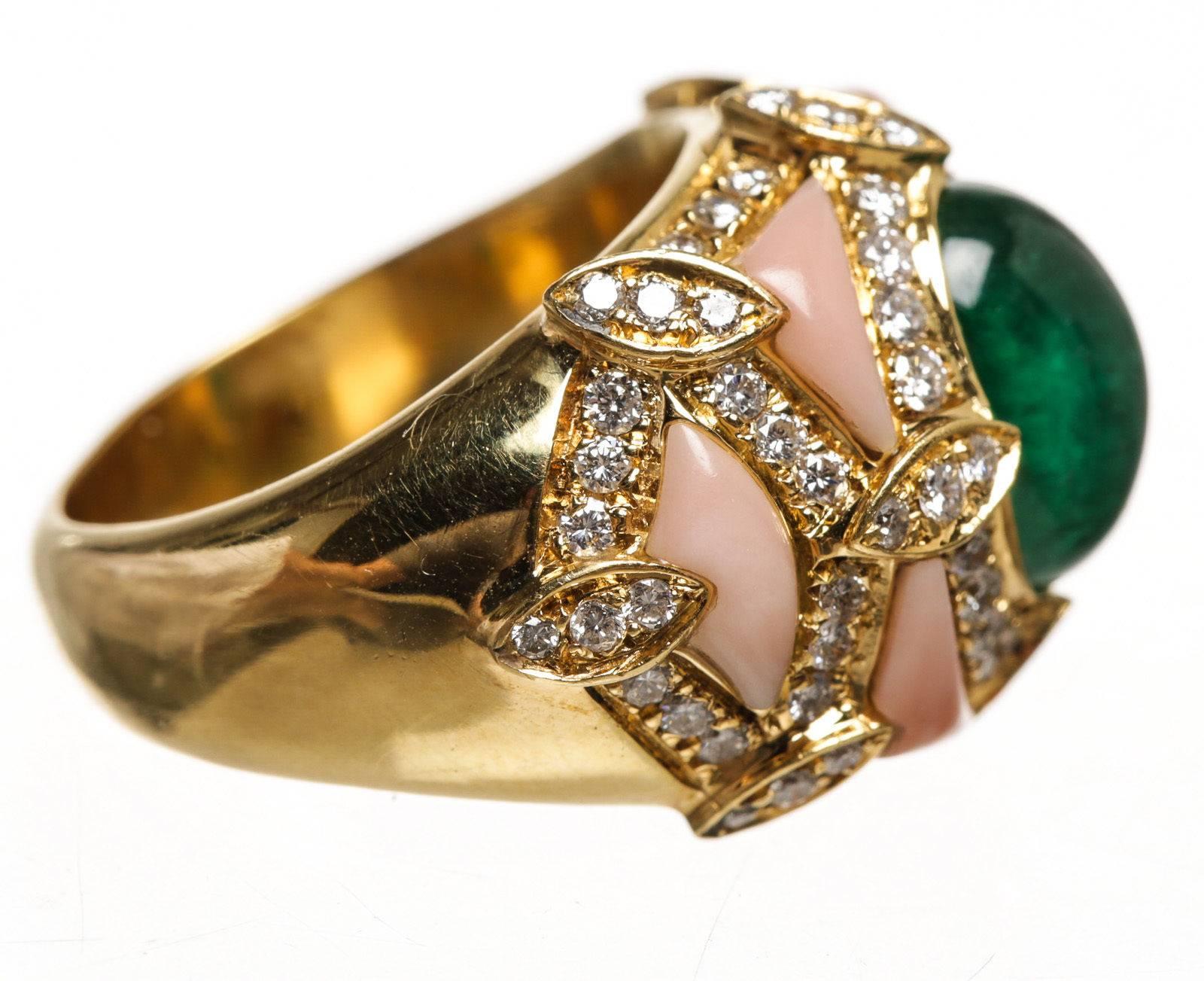 Women's Yellow Gold Coral Cabochon Emerald Diamond Ring  For Sale