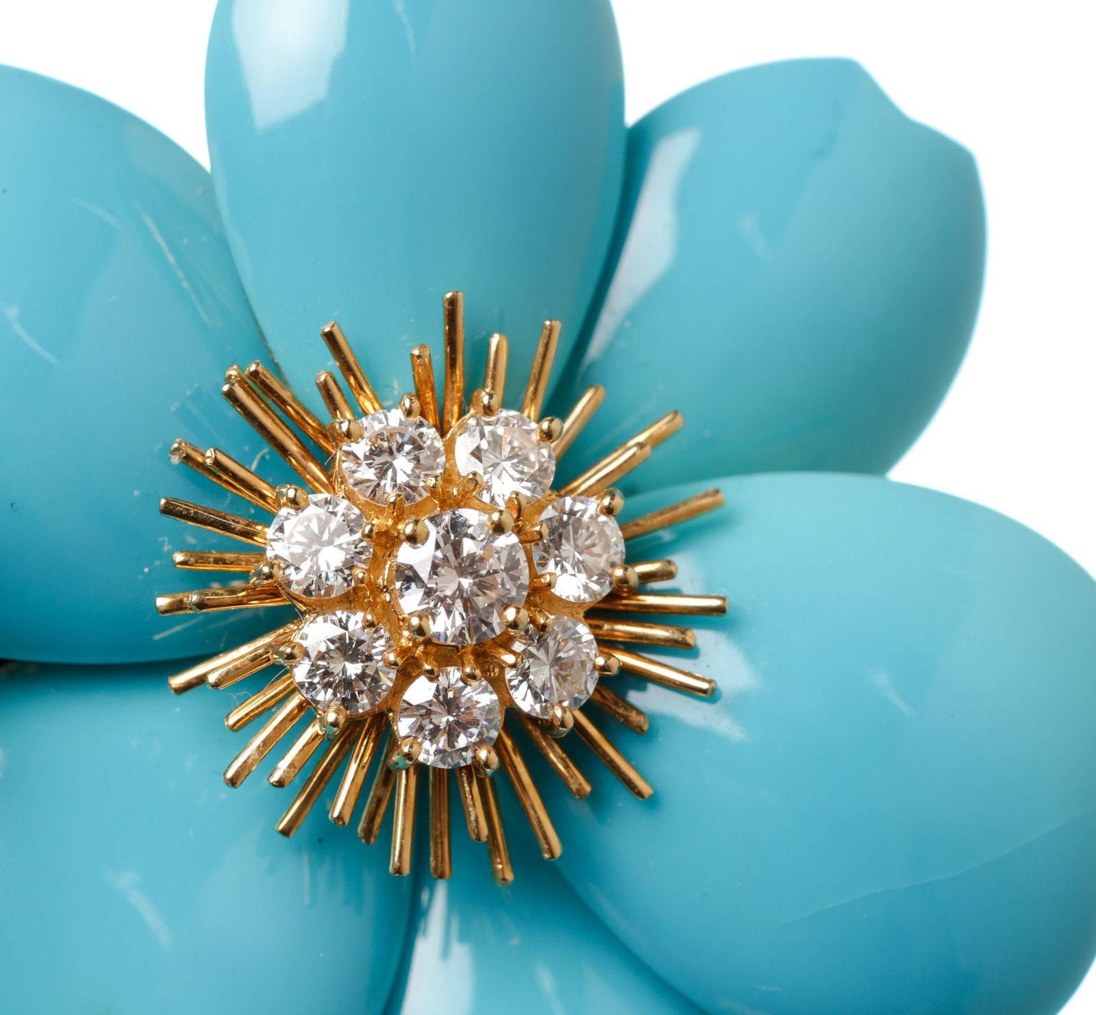 Van Cleef & Arpels Gold Diamond Turquoise Rose De Noel Flower Large Brooch For Sale 1