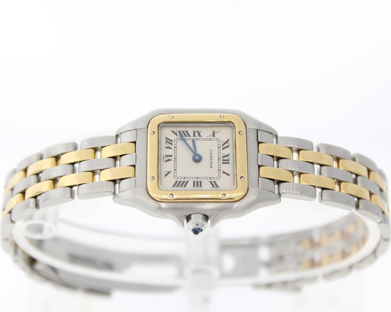 Brand Name: Cartier
Style Number: 30138
Style Name: Panthere
Color Name (Dial): Ivory Roman
Country of Manufacture: Switzerland
Gender: Womens
Strap Material: Stainless Steel/18K Yellow Gold
Case Metal: Stainless Steel/18K Yellow