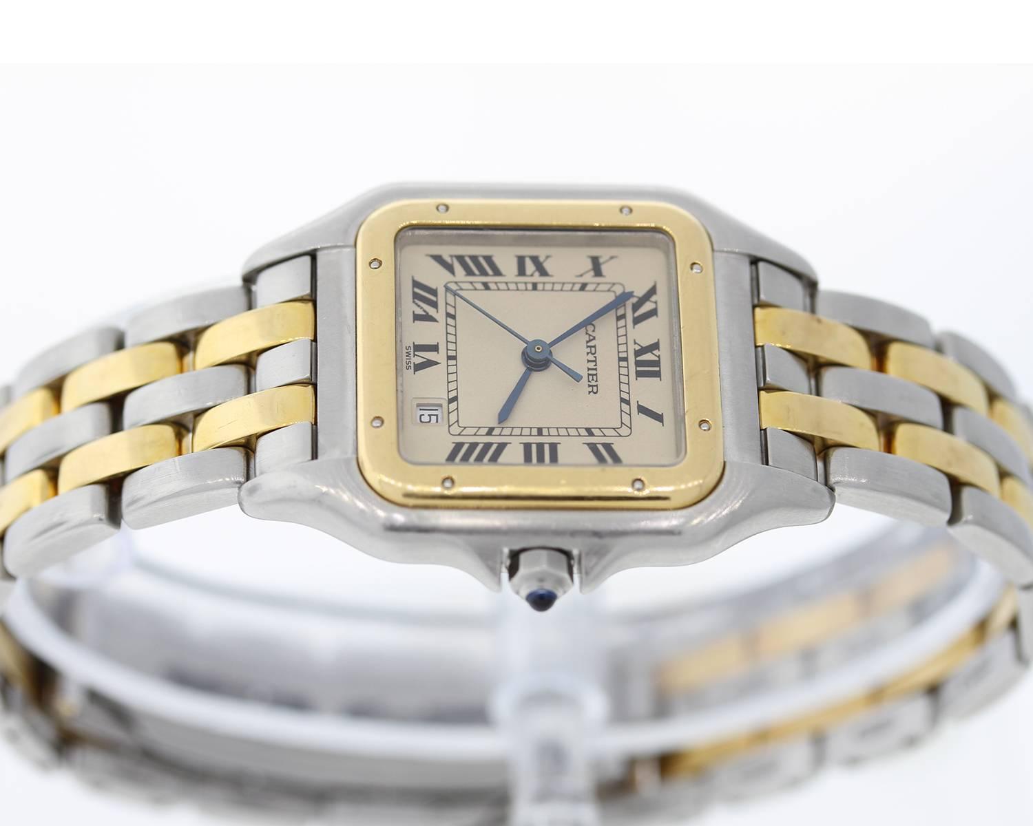 Brand Name: Cartier
Style Number: 31691
Style Name: Panthere 2 row
Color Name (Dial): Ivory Roman
Country of Manufacture: Switzerland
Gender: Womens
Strap Material: Stainless Steel/18K Yellow Gold
Case Metal: Stainless Steel/18K Yellow