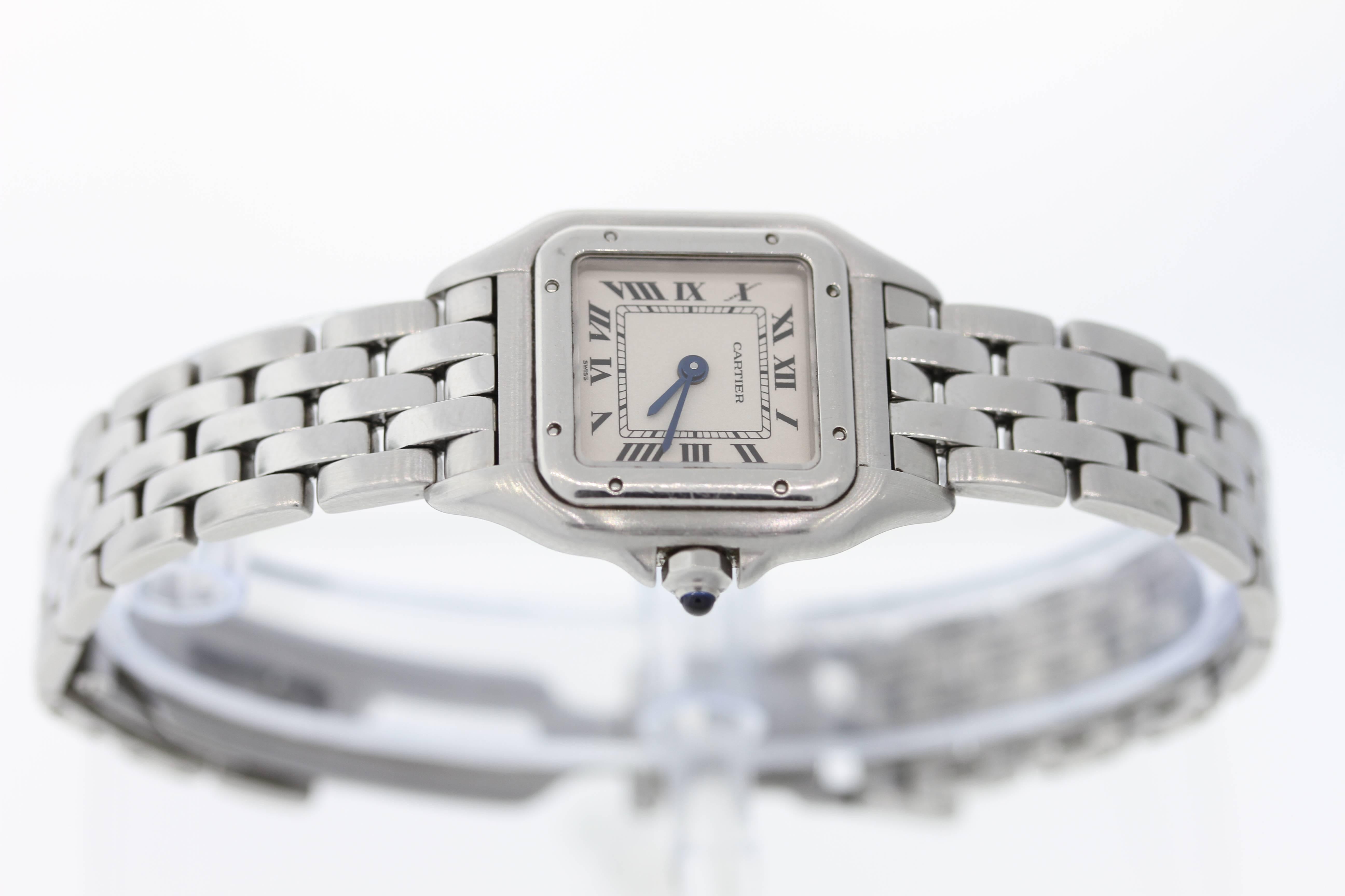 Brand Name: Cartier
Style Number: 31735
Style Name: Panthere
Color Name (Dial): Ivory Roman
Country of Manufacture: Switzerland
Gender: Womens
Strap Material: Stainless Steel
Case Metal: Stainless Steel
Movement Type: Quartz
Crystal Type: