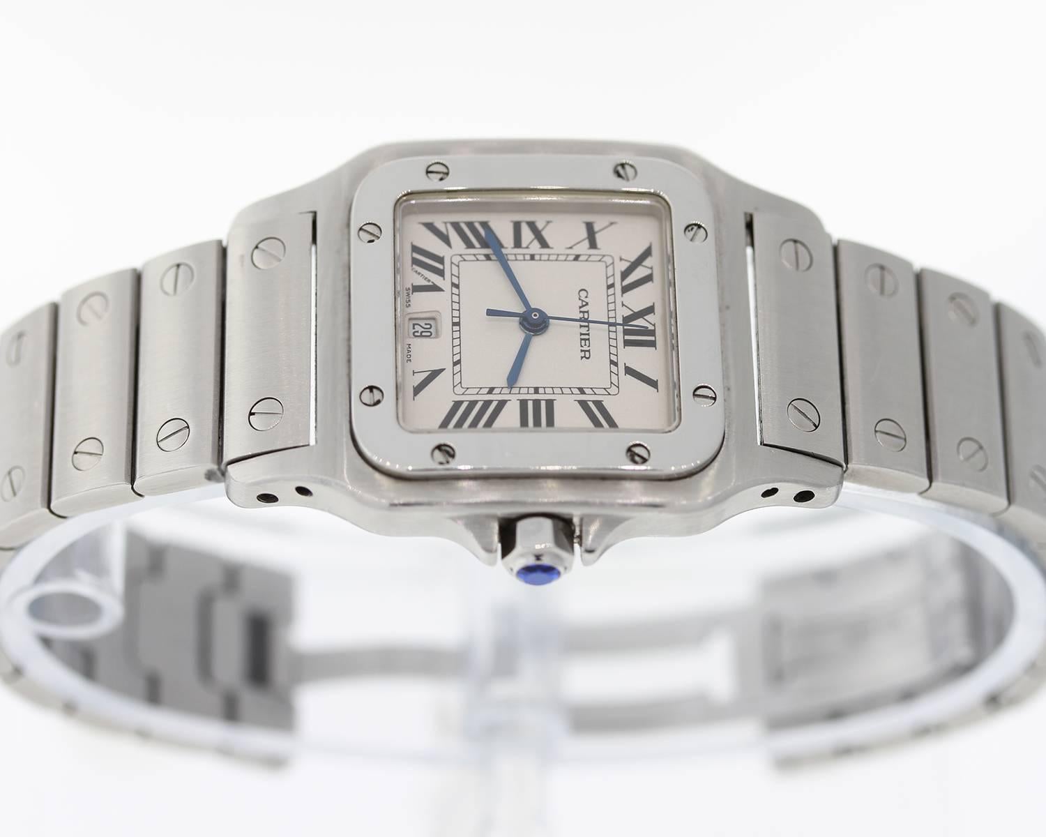 Brand Name: Cartier
Style Number: 31298
Style Name: Santos Galbee
Color Name (Dial): White Roman
Country of Manufacture: Switzerland
Gender: Womens
Strap Material: Stainless Steel
Case Metal: Stainless Steel
Movement Type: Quartz
Crystal