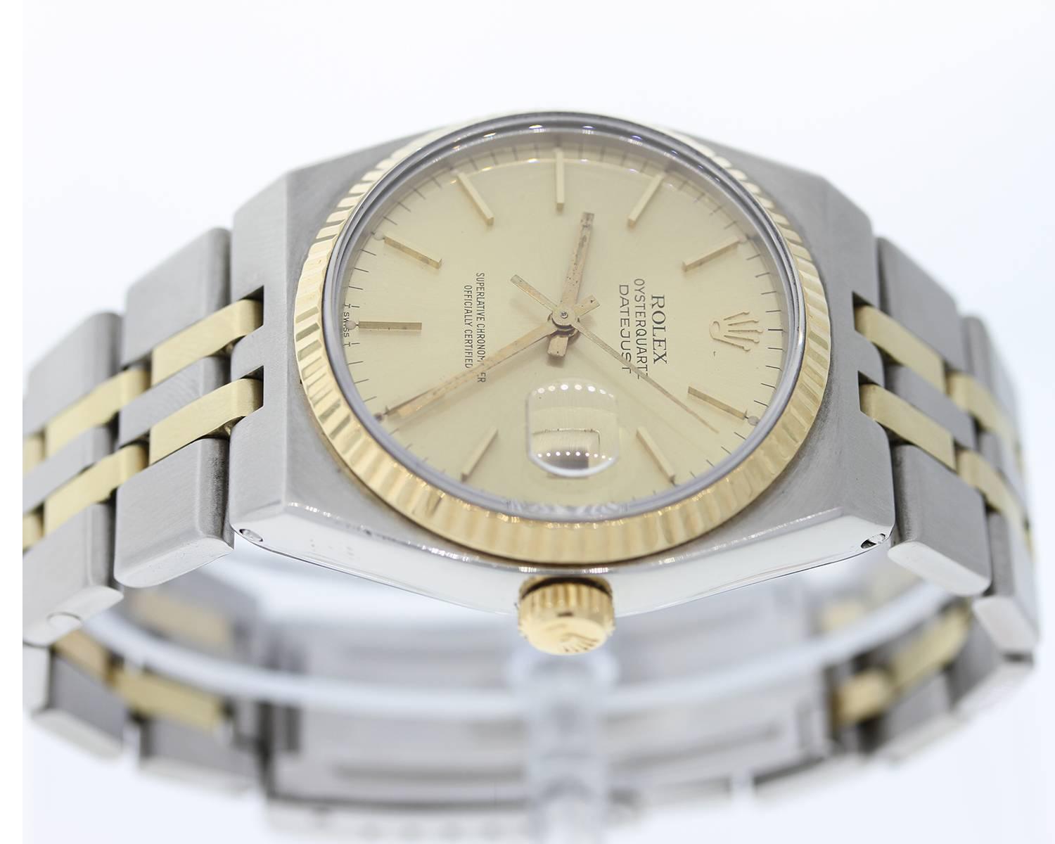 Brand Name: Rolex
Style Number: 31035
Style Name: Oyster Quartz
Color Name (Dial): Champagne with Gold Index Markers
Country of Manufacture: Switzerland
Gender: Unisex
Strap Material: Stainless Steel/18K Yellow Gold
Case Metal: Stainless