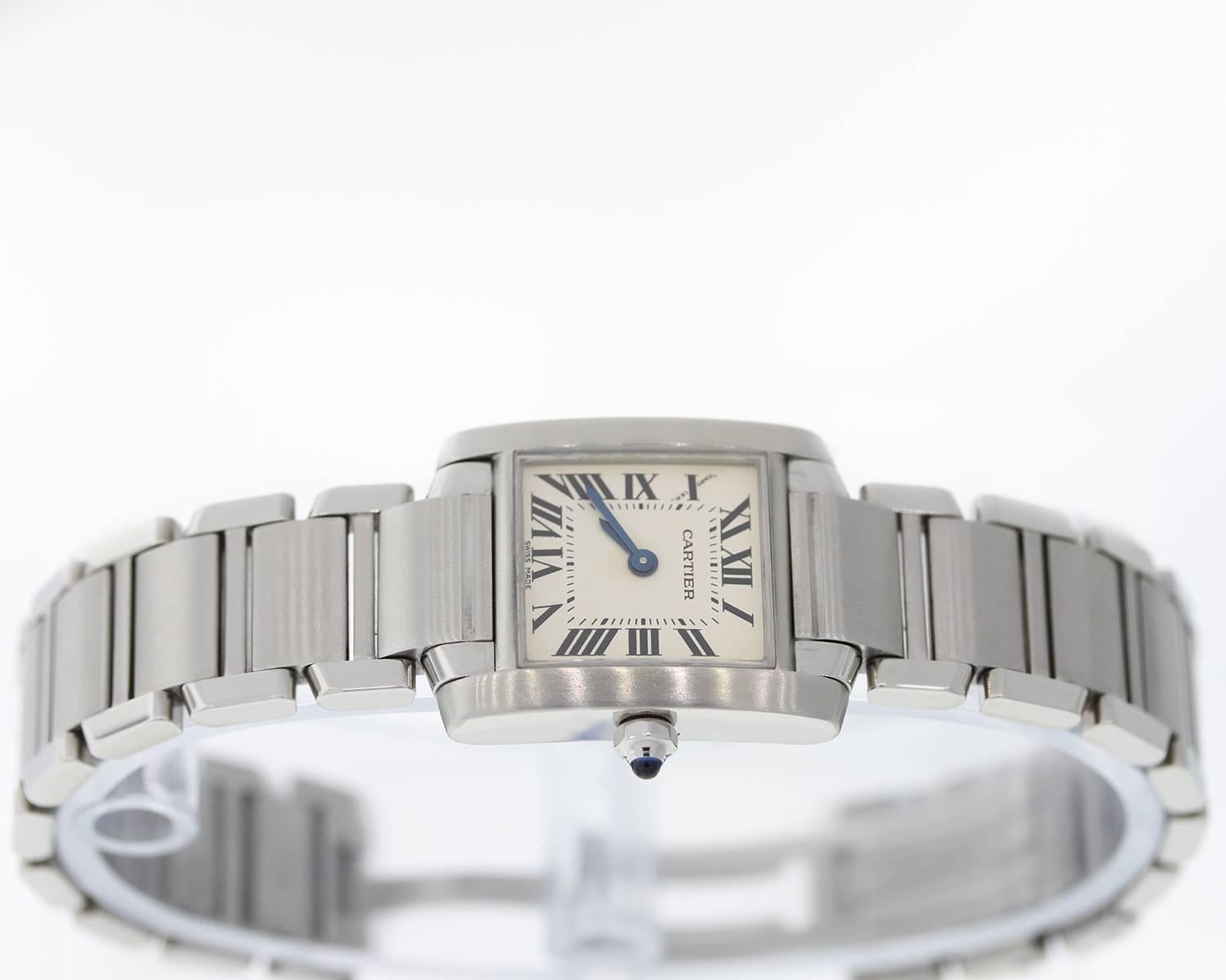 Brand Name: Cartier
Style Number: 31888
Style Name: Tank Francaise
Color Name (Dial): Ivory Roman
Country of Manufacture: Switzerland
Gender: Womens
Strap Material: Stainless Steel
Case Metal: Stainless Steel
Movement Type: Quartz
Crystal