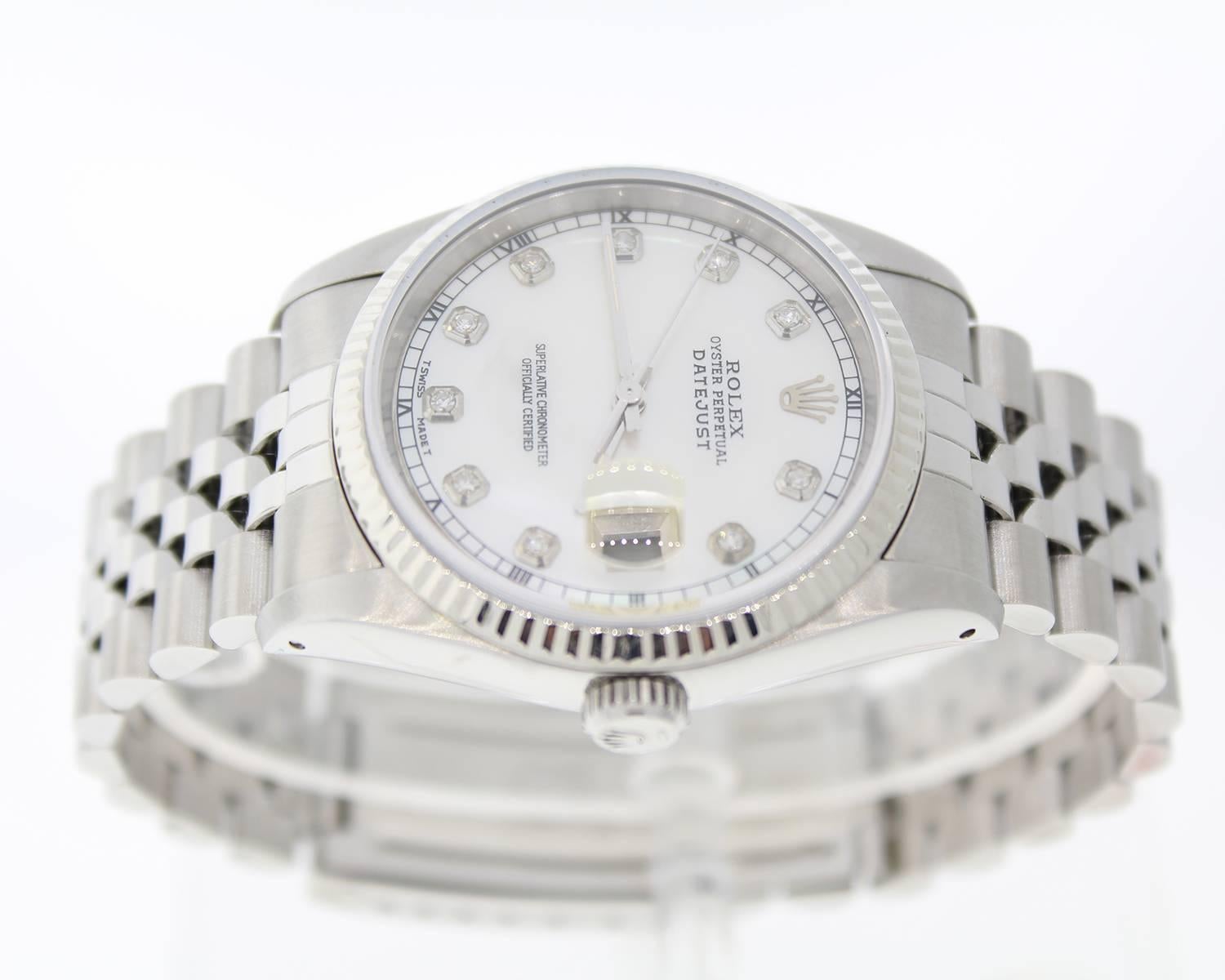 Brand Name: Rolex
Style Number: 30737
Style Name: Datejust
Color Name (Dial): Custom MOP Diamond Dial
Country of Manufacture: Switzerland
Gender: Unisex
Strap Material: Stainless Steel
Case Metal: Stainless Steel
Movement Type: