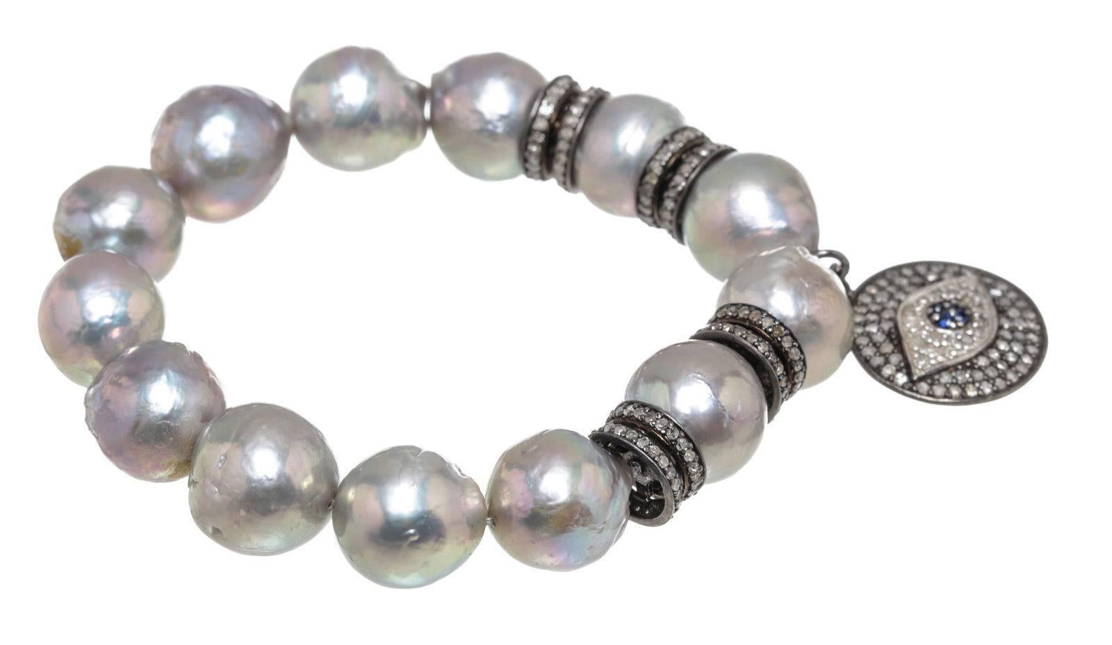 Julia Post Tahitian Gray Pearl Diamond Silver Evil Eye Bracelet In Excellent Condition For Sale In Corona Del Mar, CA