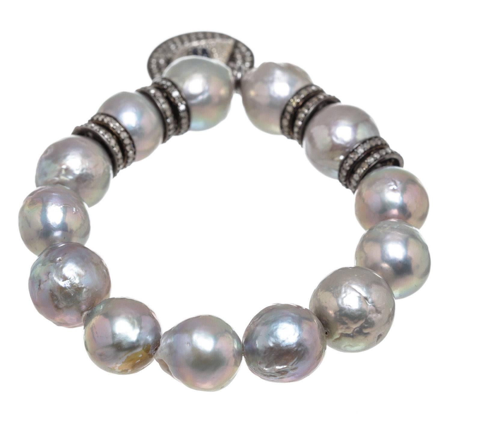 Women's Julia Post Tahitian Gray Pearl Diamond Silver Evil Eye Bracelet For Sale