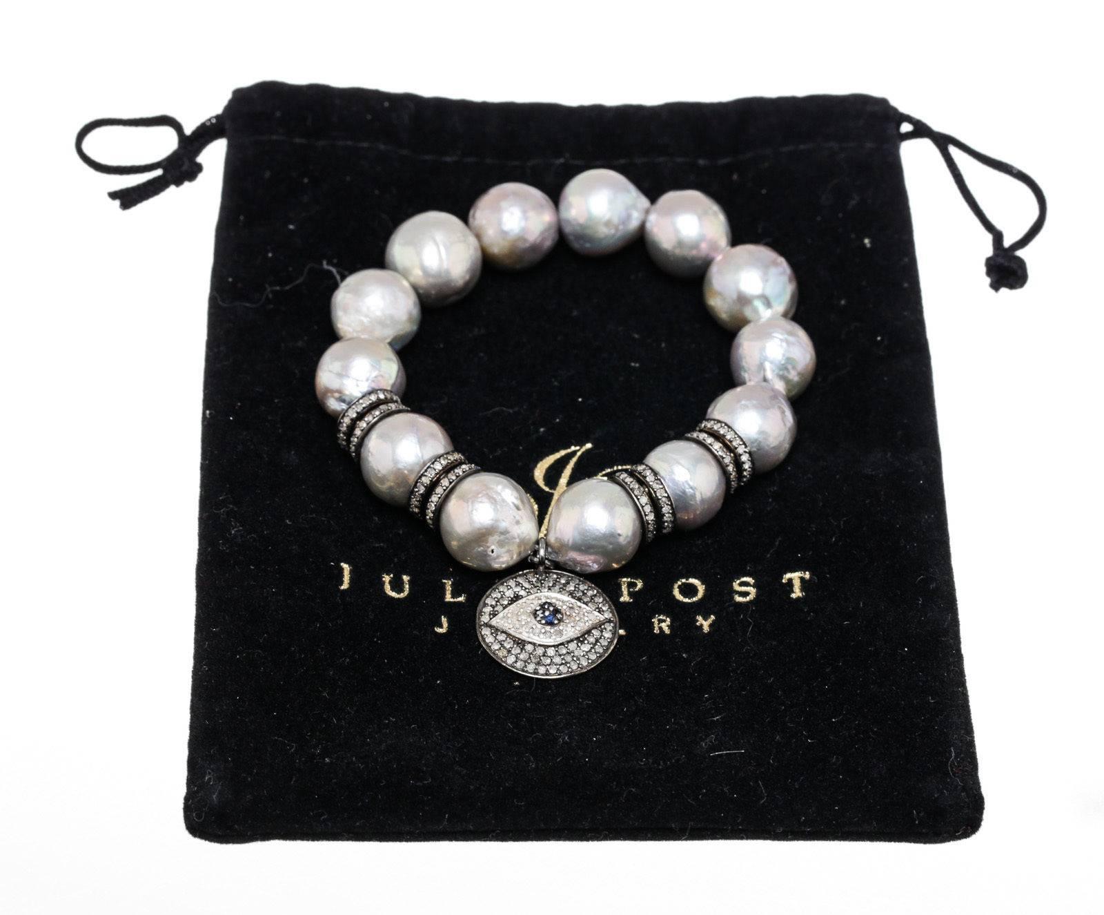 Julia Post Tahitian Gray Pearl Diamond Silver Evil Eye Bracelet For Sale 3