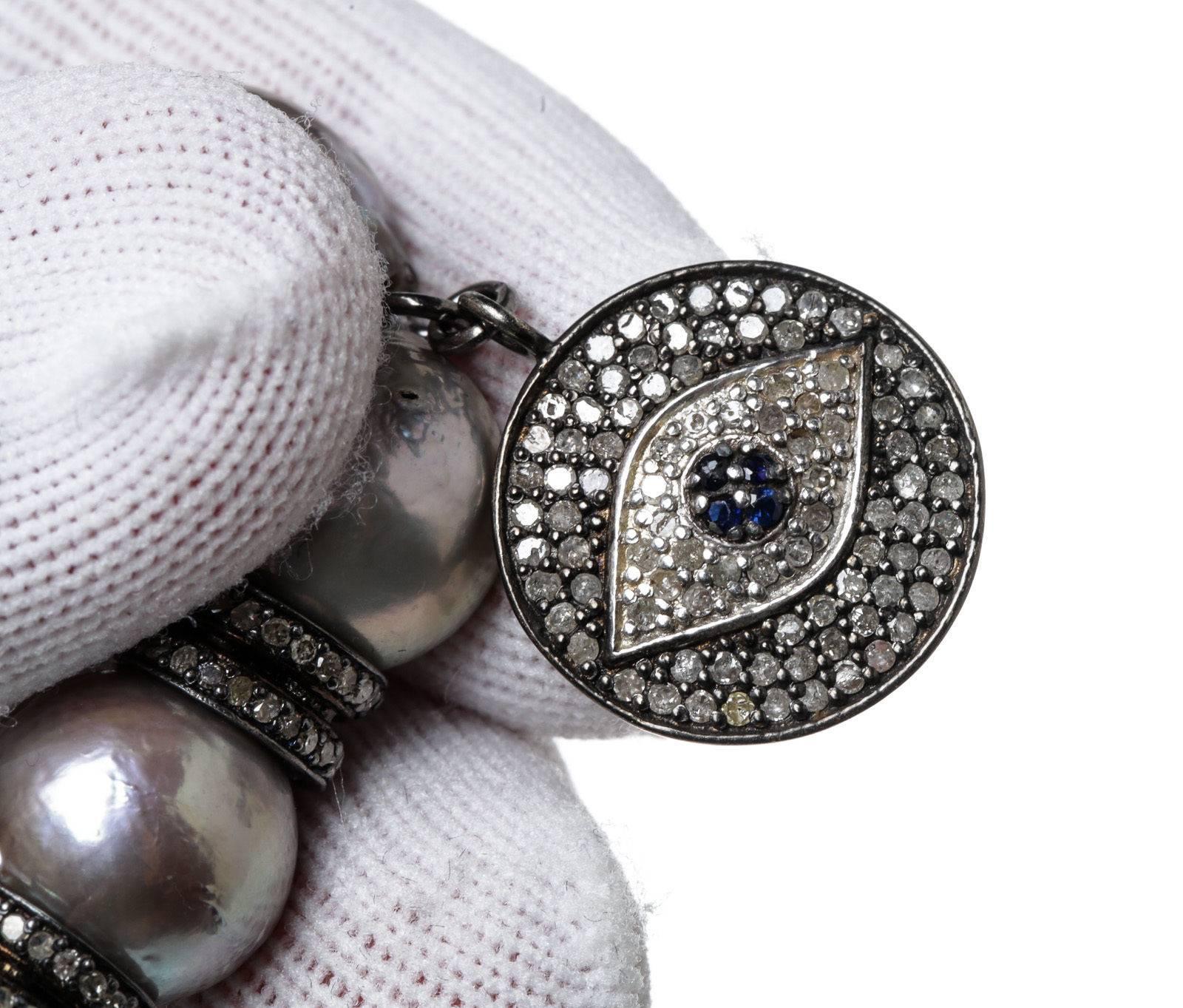 Julia Post Tahitian Gray Pearl Diamond Silver Evil Eye Bracelet For Sale 2