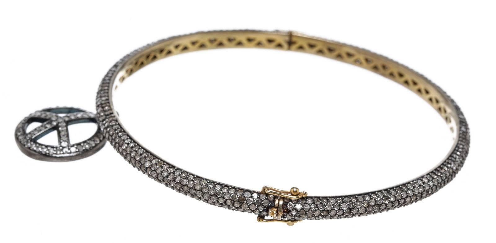Women's or Men's Julia Post Diamond Gold Peace Sign Bangle Bracelet For Sale
