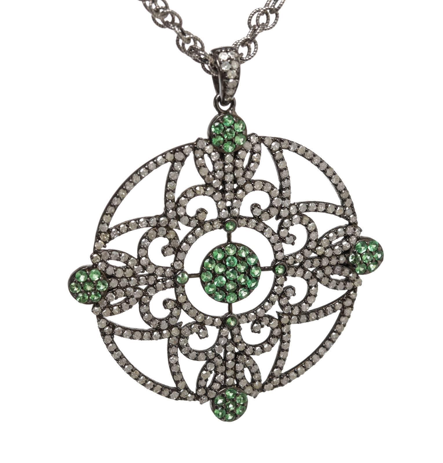 Julia Post Emerald Diamond Sterling Silver Pendant Necklace In Excellent Condition For Sale In Corona Del Mar, CA