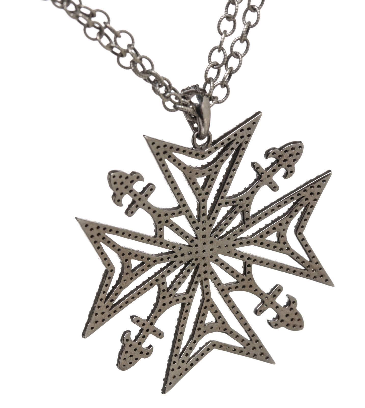 Julia Post Diamond Silver Maltese Cross Necklace In Excellent Condition For Sale In Corona Del Mar, CA