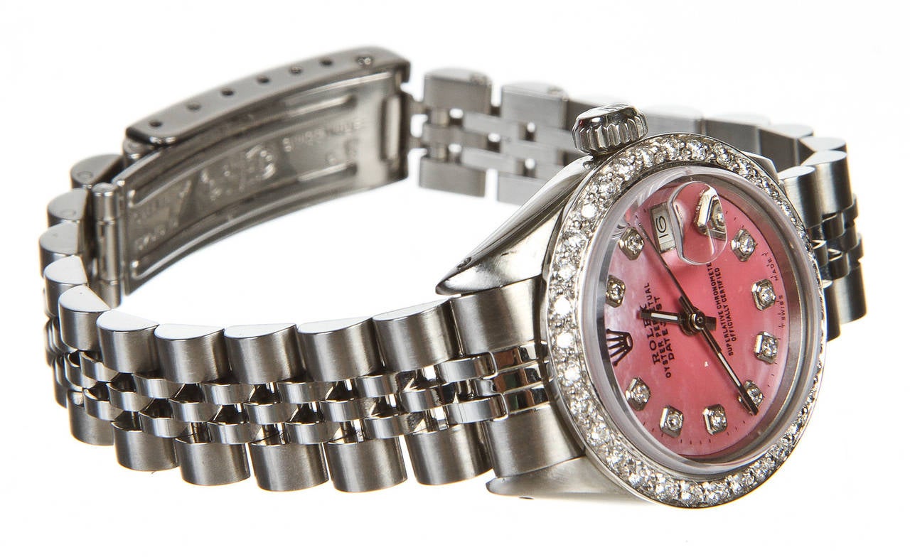 Contemporary Rolex Lady's Stainless Steel Diamond Pink Mother of Pearl DateJust Wristwatch