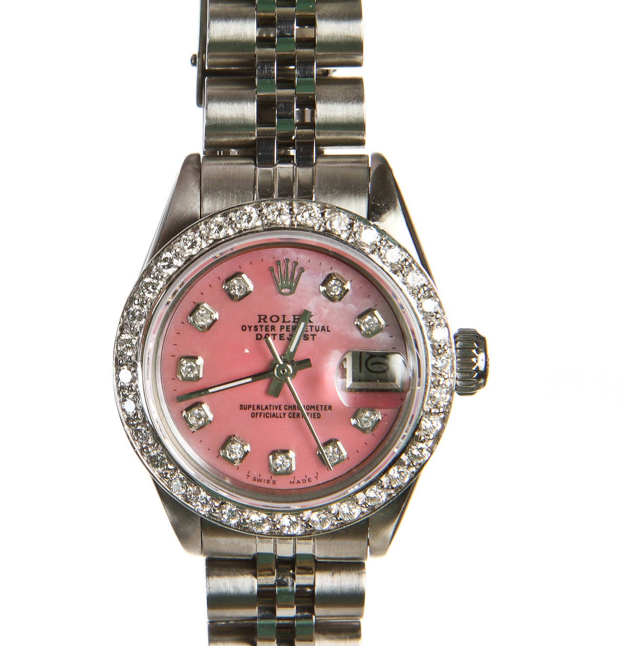 Rolex Lady's Stainless Steel Diamond Pink Mother of Pearl DateJust Wristwatch 4