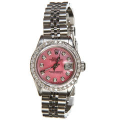 Rolex Lady's Stainless Steel Diamond Pink Mother of Pearl DateJust Wristwatch