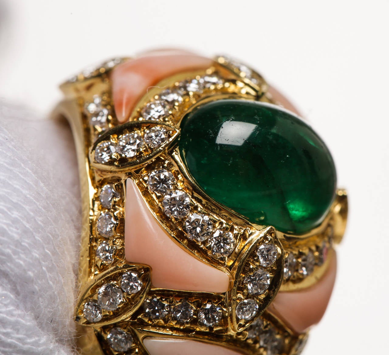 Cabochon Emerald Diamond Gold Dome Ring For Sale 2