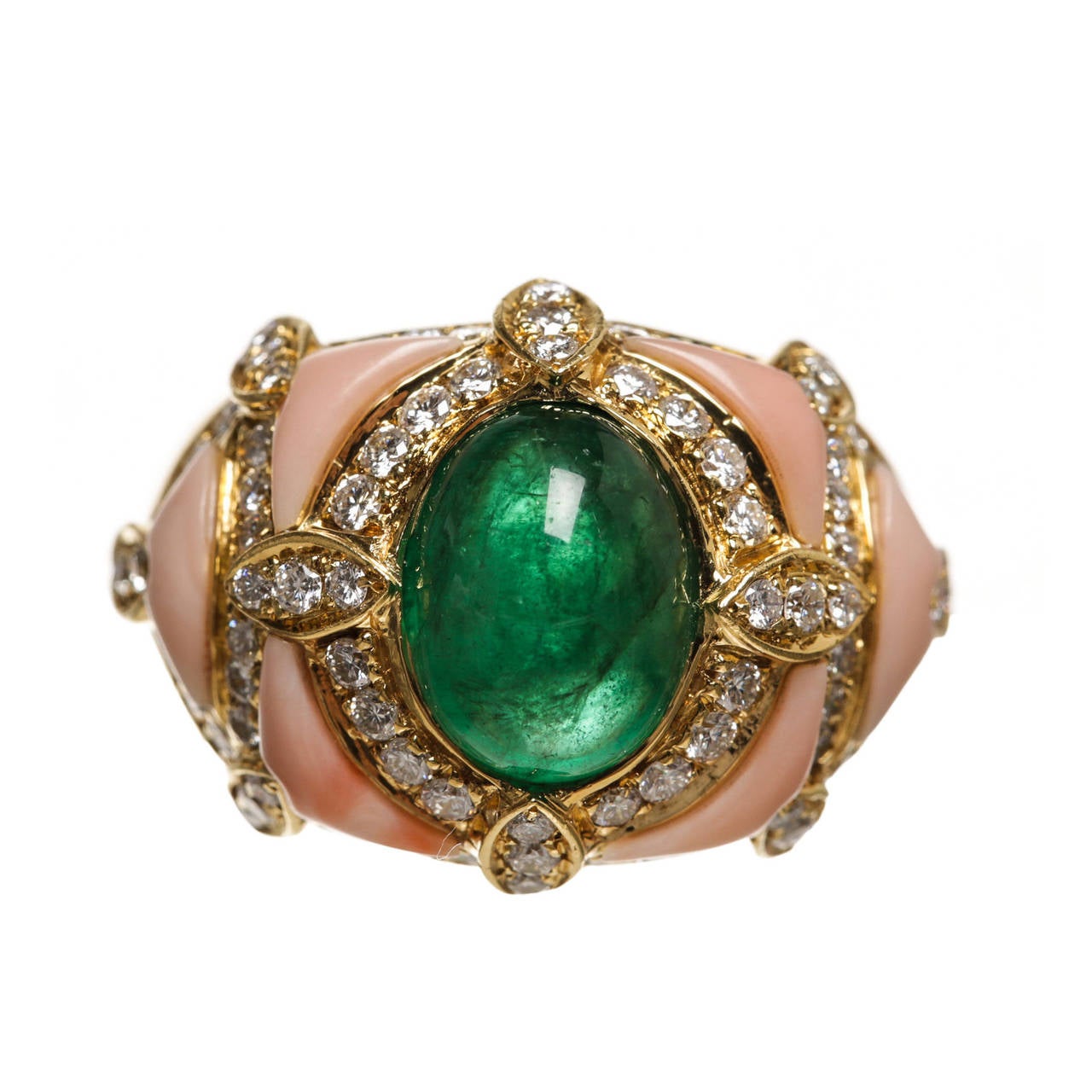 Cabochon Emerald Diamond Gold Dome Ring For Sale