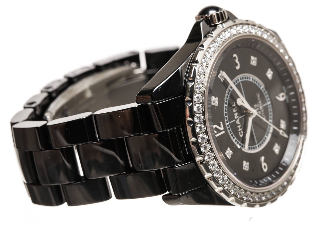 Chanel Lady's Black Ceramic Diamond J12 Automatic Wristwatch In Excellent Condition In Corona Del Mar, CA