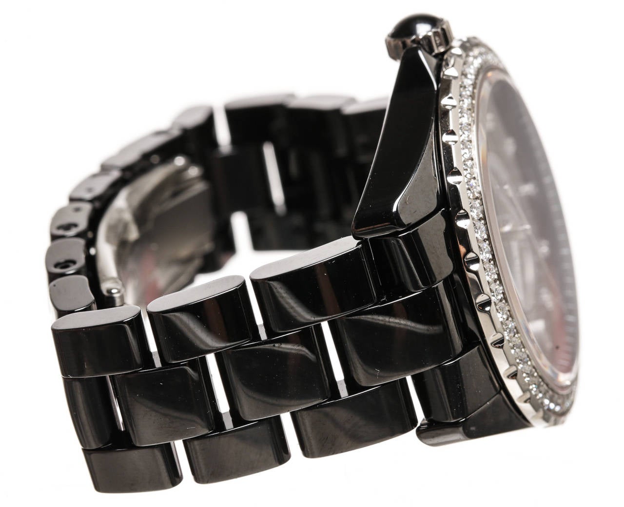 Contemporary Chanel Lady's Black Ceramic Diamond J12 Automatic Wristwatch
