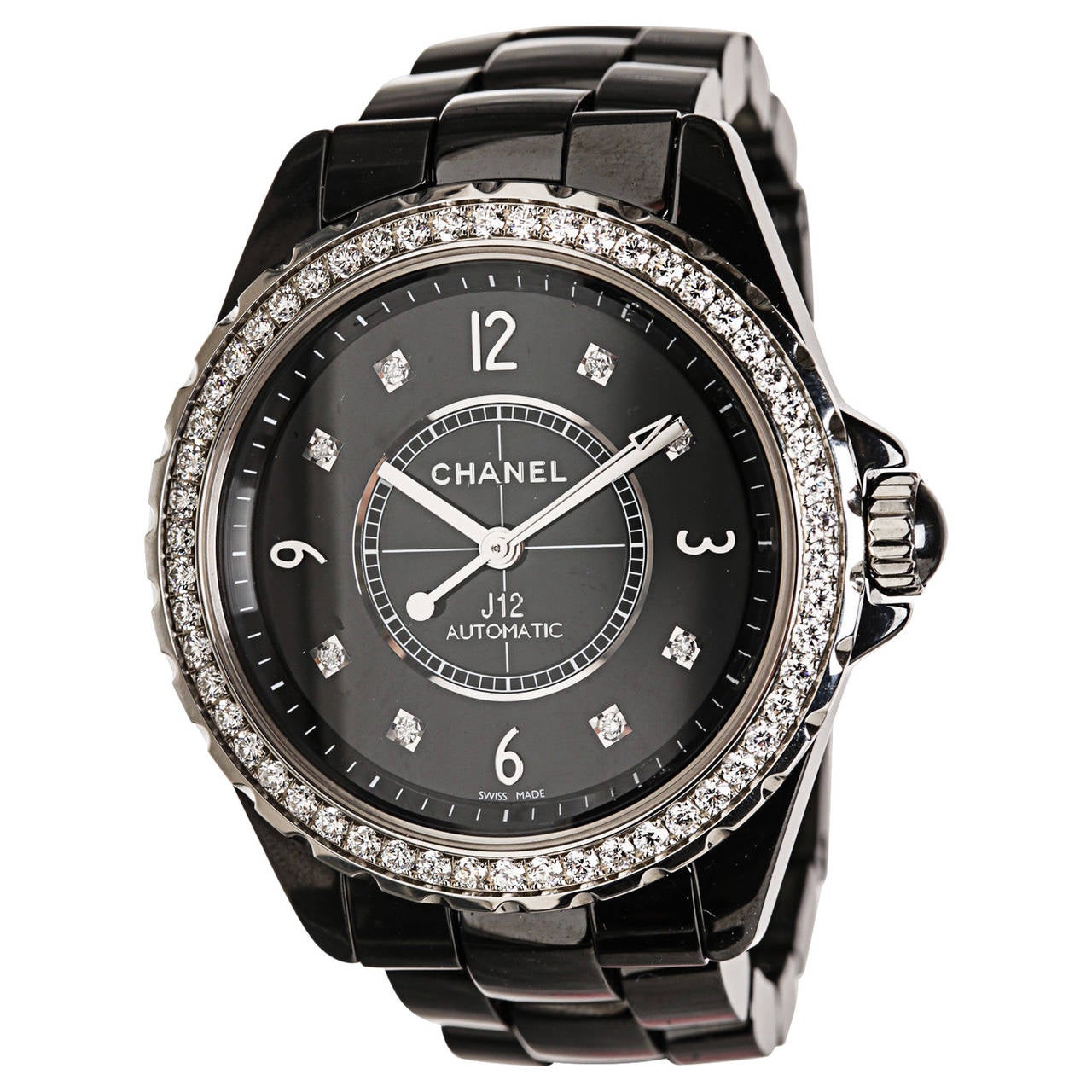 Chanel Lady's Black Ceramic Diamond J12 Automatic Wristwatch