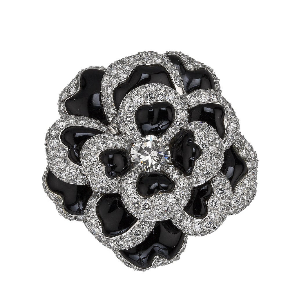 Chanel Onyx Diamond White Gold Camellia Flower Brooch