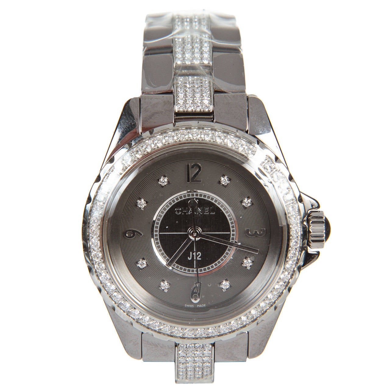 Chanel Lady's Titanium Ceramic and Diamond J12 Wristwatch For Sale