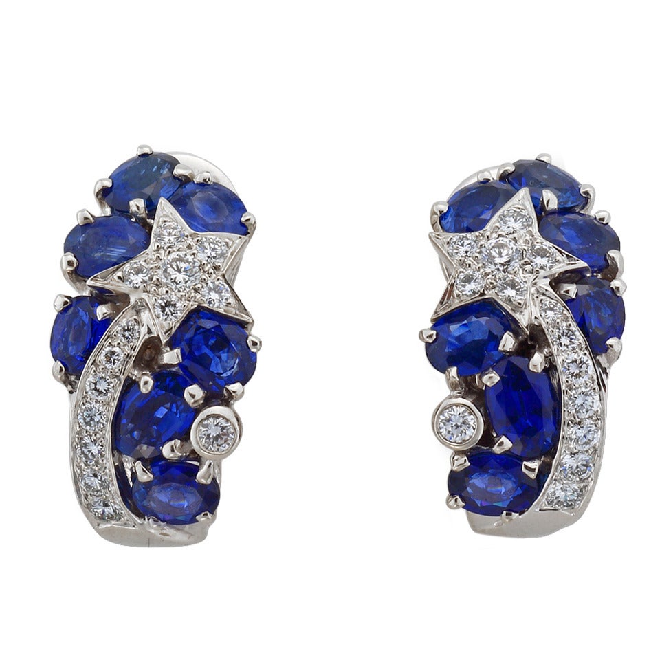 Chanel Sapphire Diamond White Gold Comete Earrings For Sale